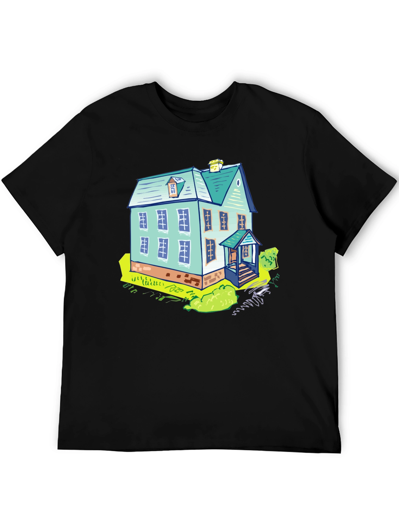 Cartoon House Graphic Tee - Black Cotton T-Shirt