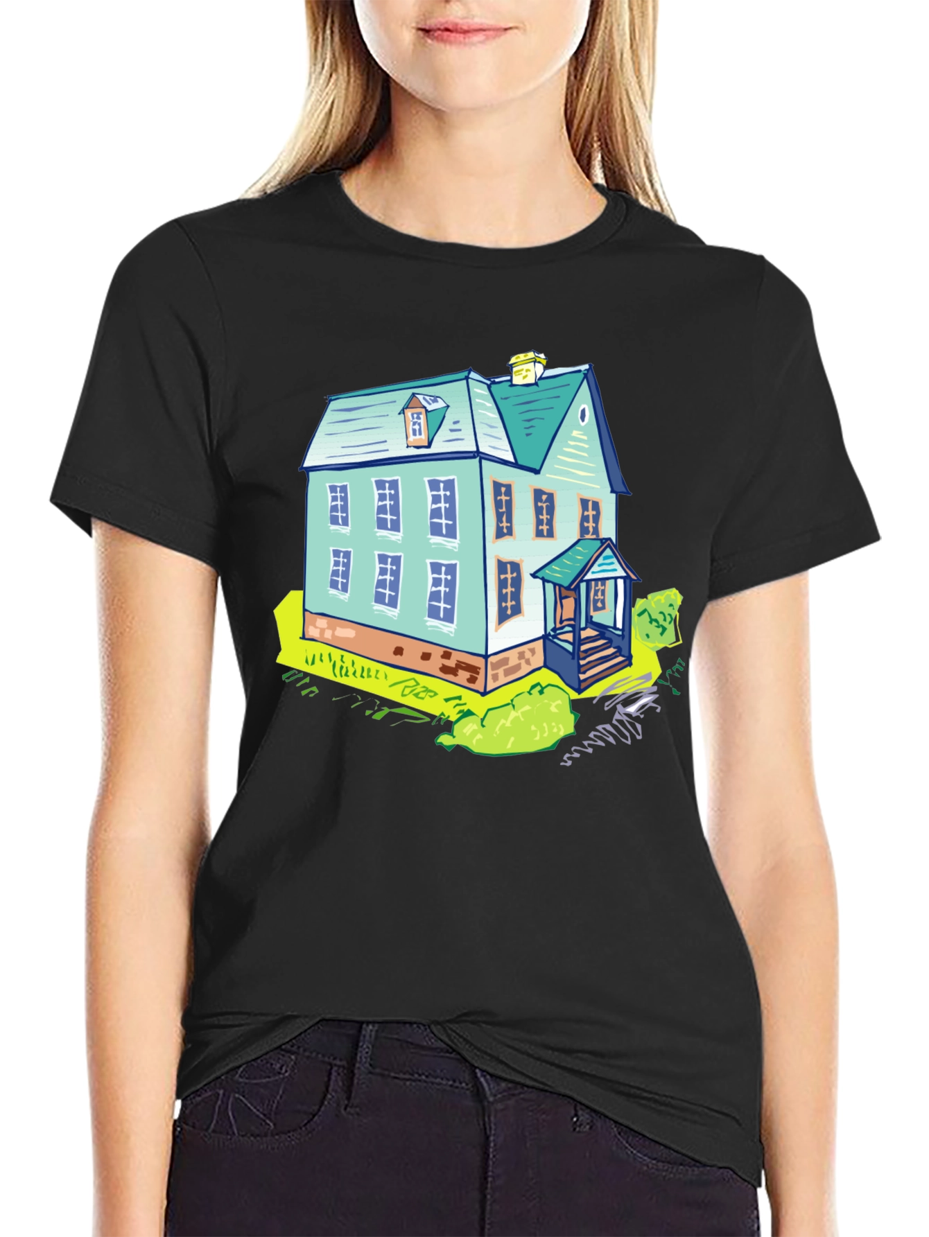 Cartoon House Graphic Tee - Black Cotton T-Shirt