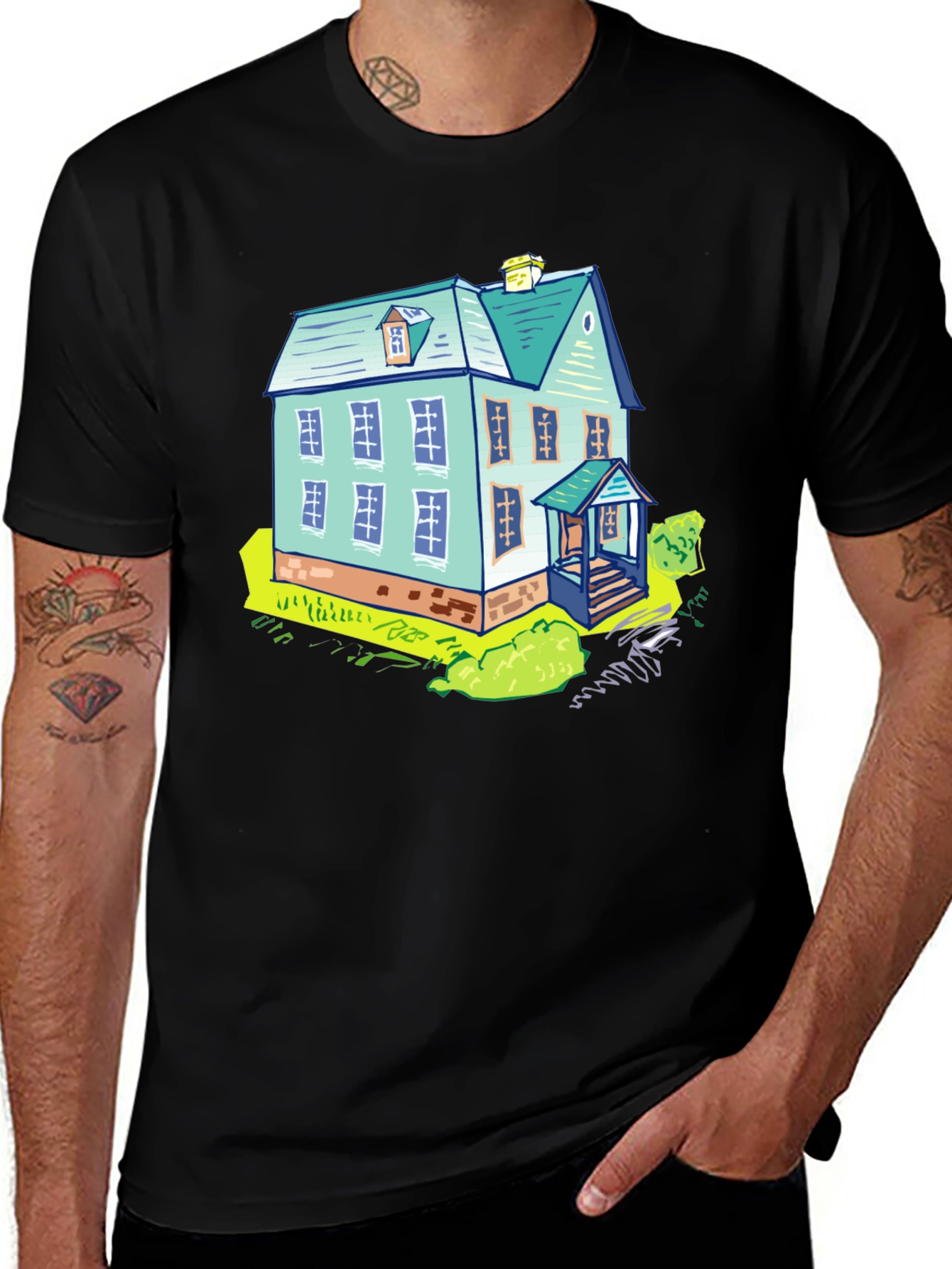 Cartoon House Graphic Tee - Black Cotton T-Shirt