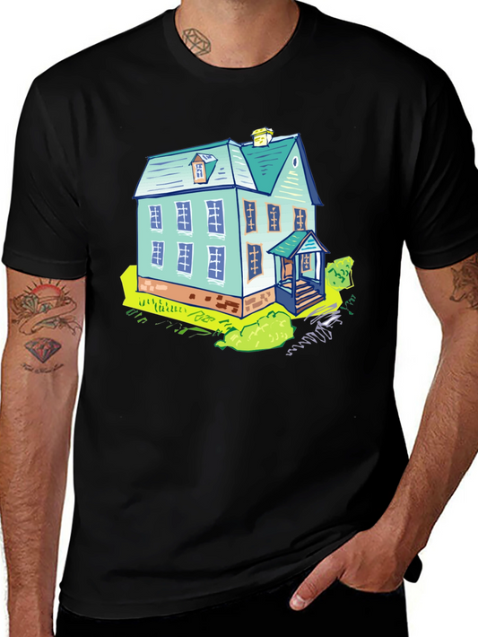 Cartoon House Graphic Tee - Black Cotton T-Shirt