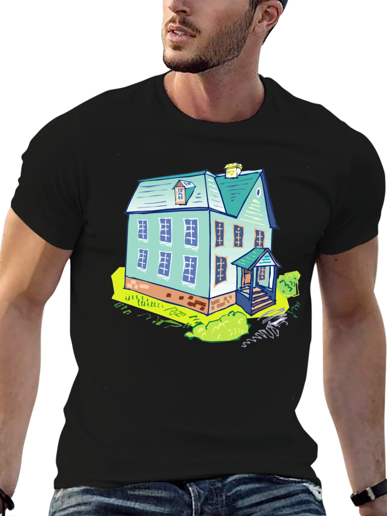 Cartoon House Graphic Tee - Black Cotton T-Shirt