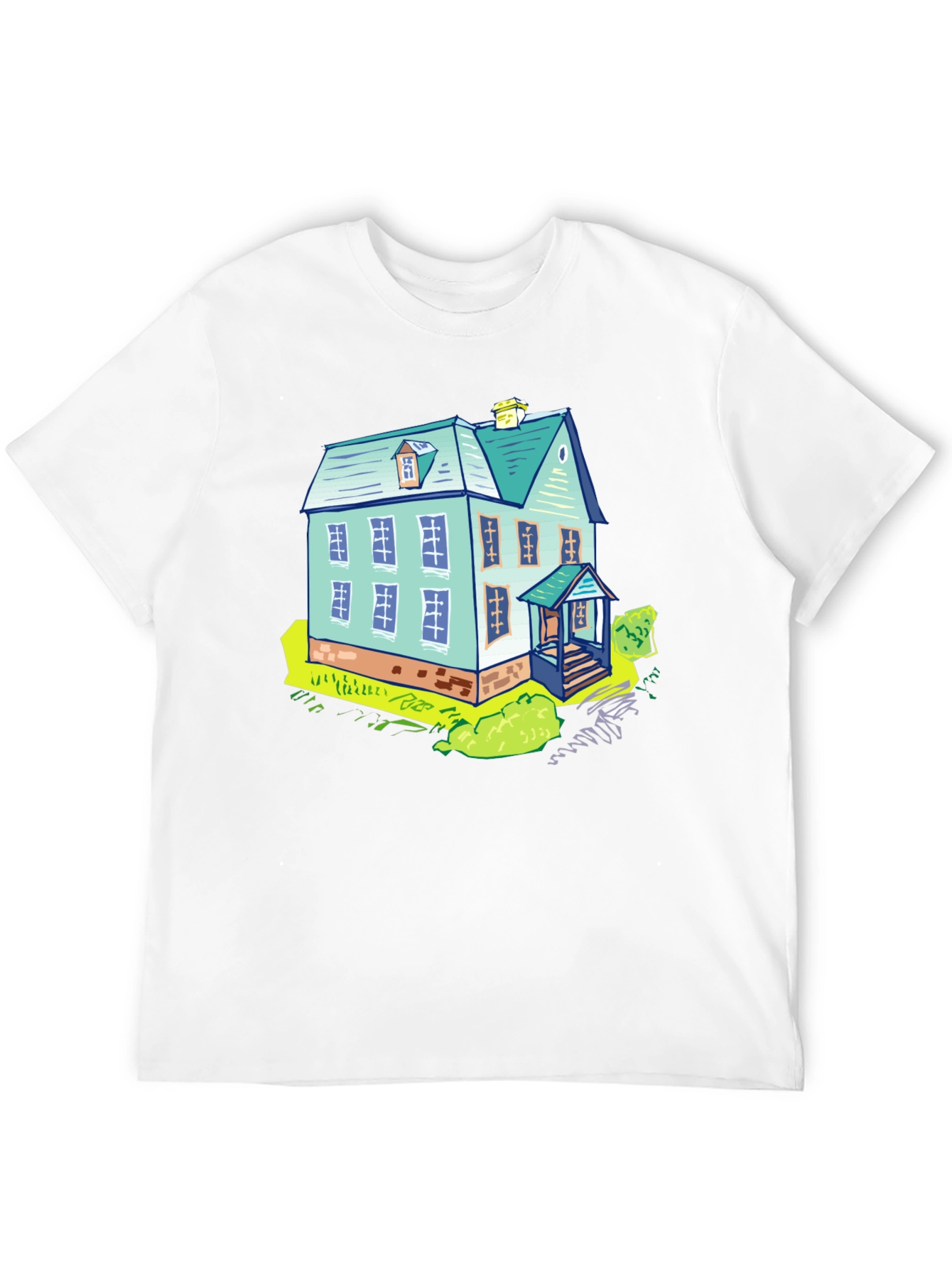 Cartoon House Graphic Tee - Black Cotton T-Shirt