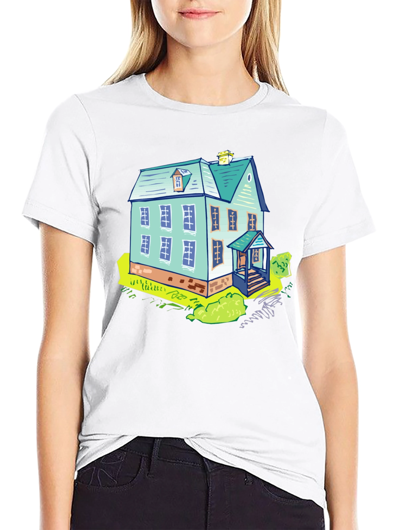 Cartoon House Graphic Tee - Black Cotton T-Shirt