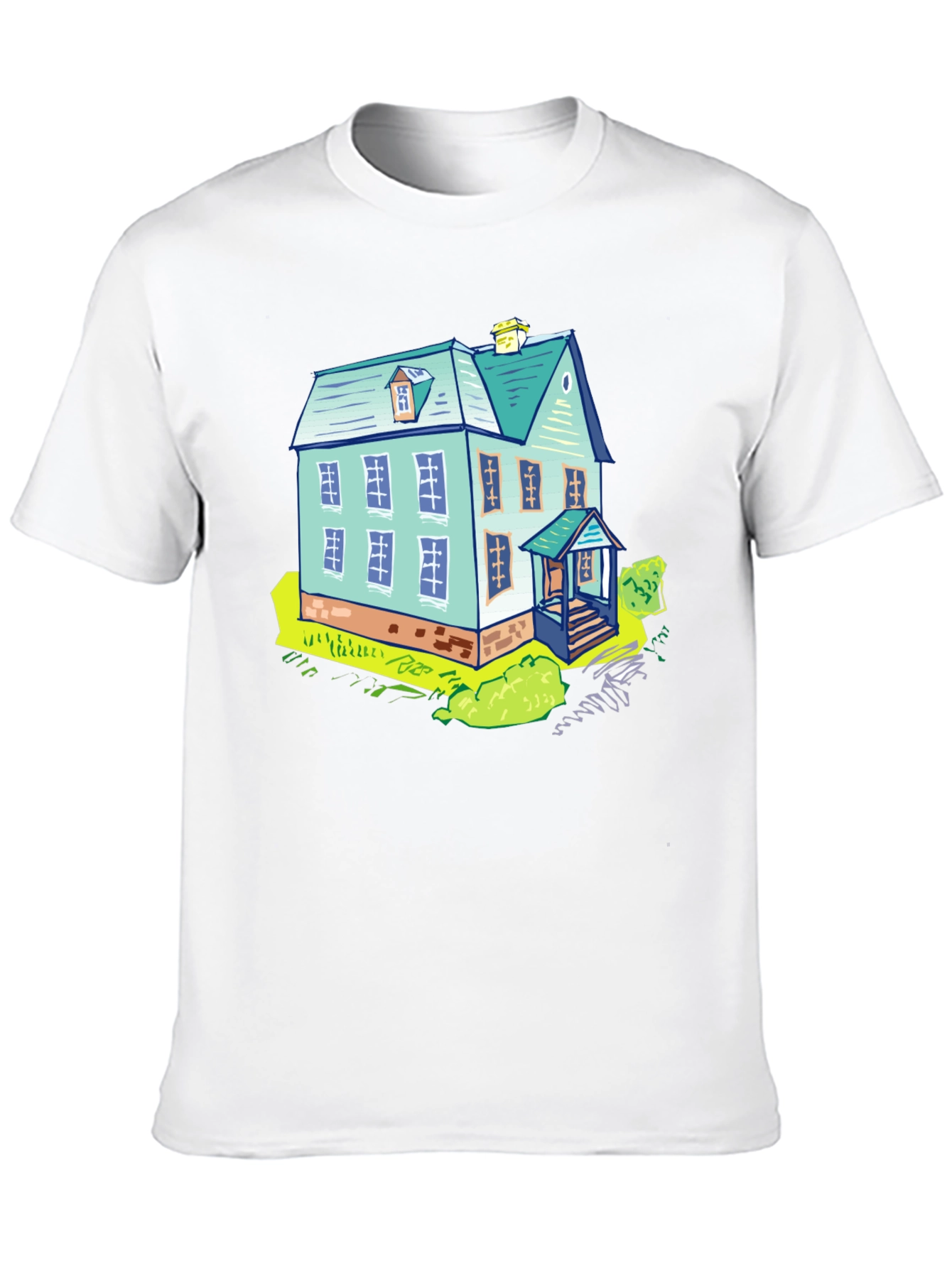 Cartoon House Graphic Tee - Black Cotton T-Shirt