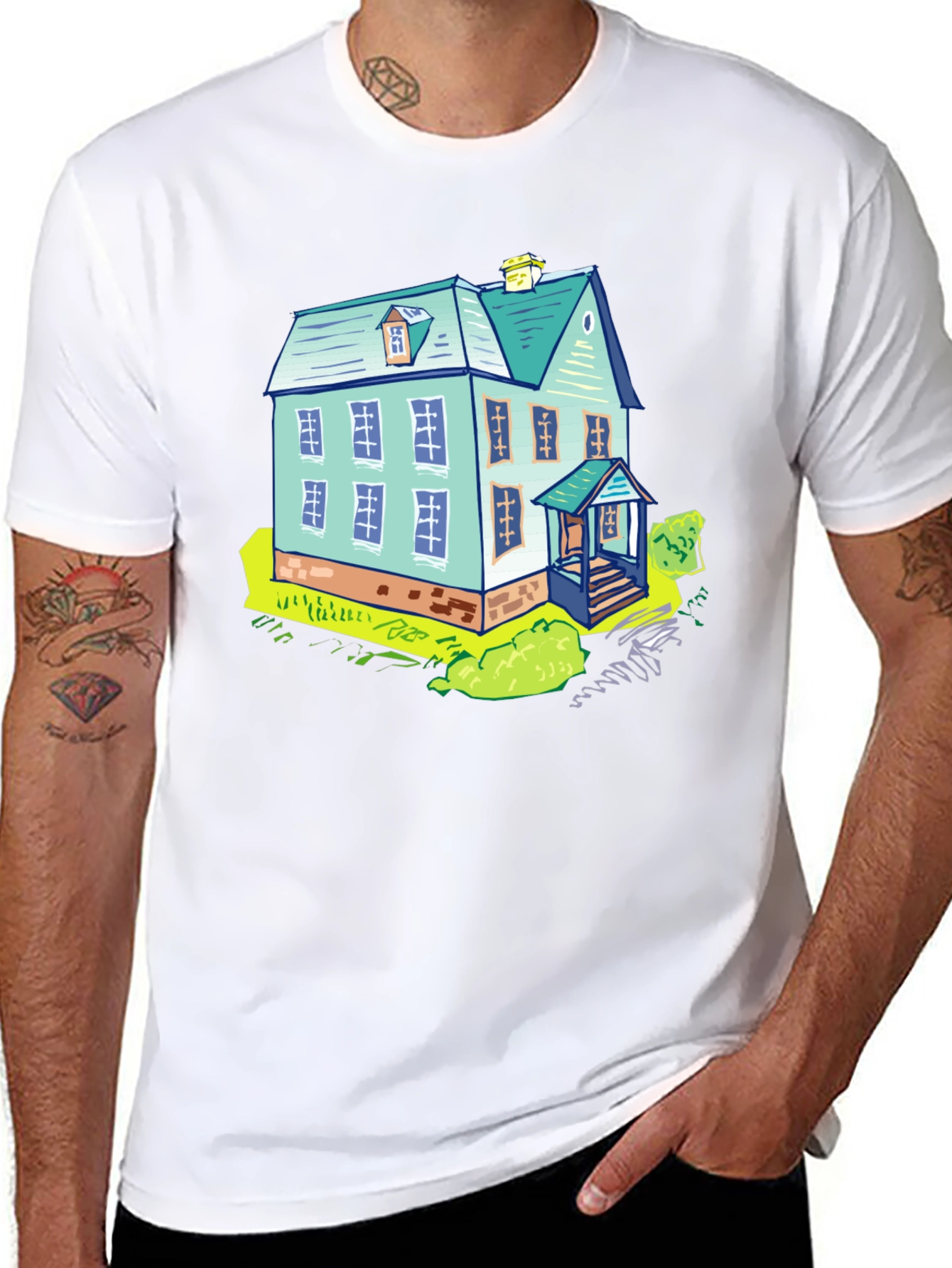 Cartoon House Graphic Tee - Black Cotton T-Shirt