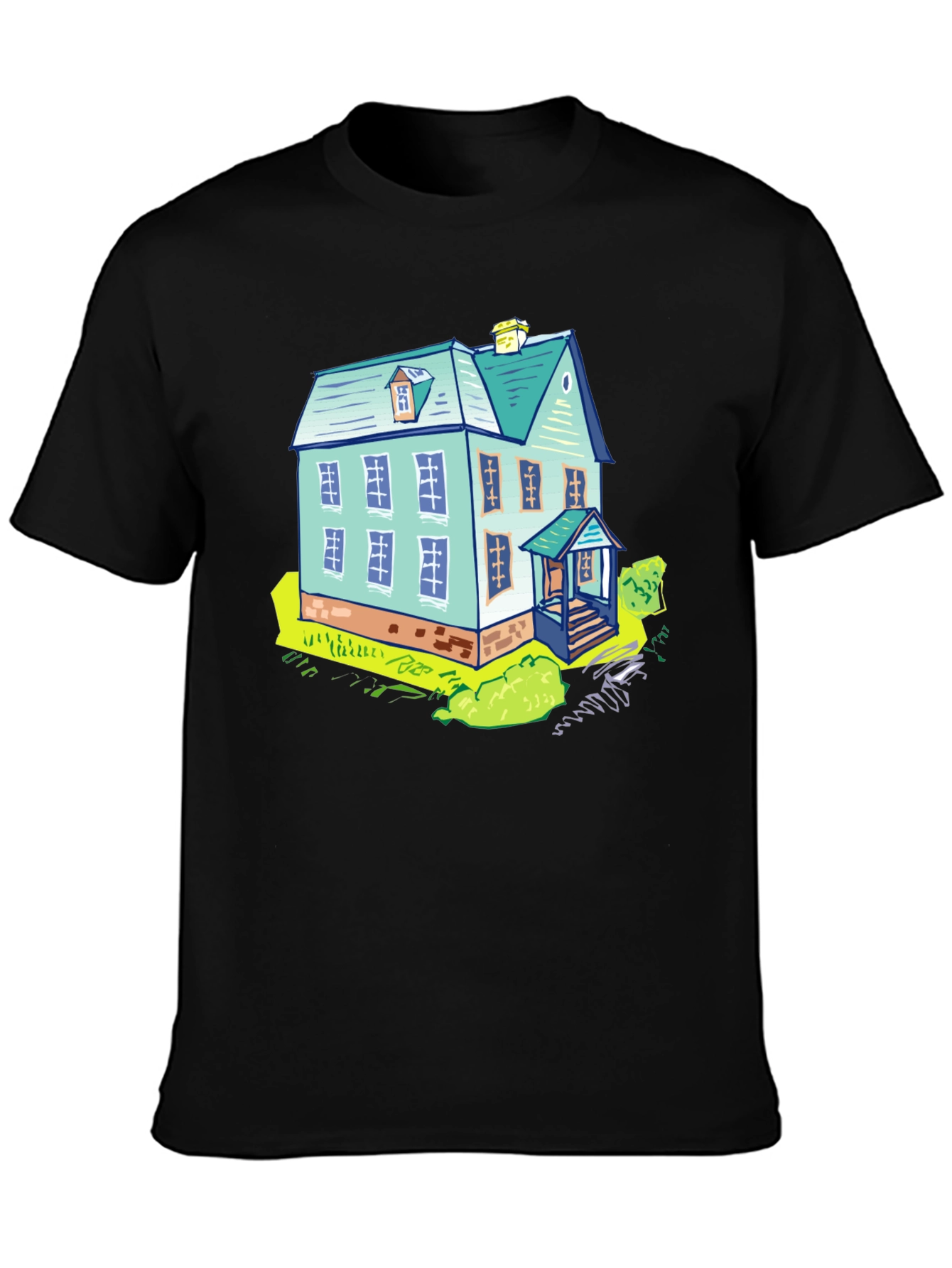 Cartoon House Graphic Tee - Black Cotton T-Shirt