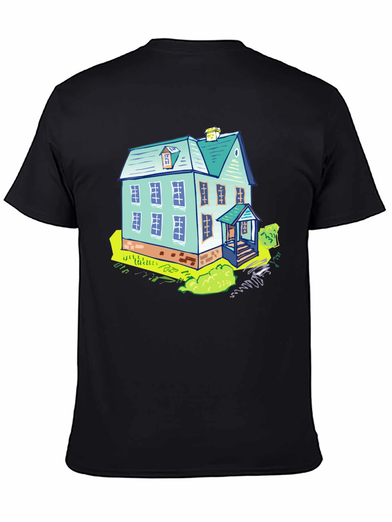Cartoon House Graphic Tee - Black Cotton T-Shirt