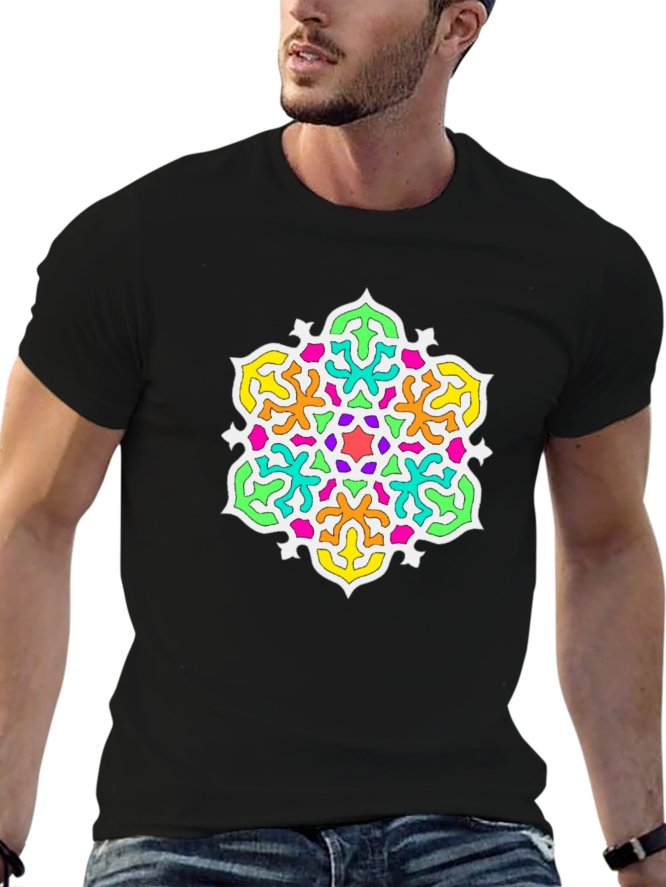 Vibrant Mandala Graphic Print Black T-Shirt