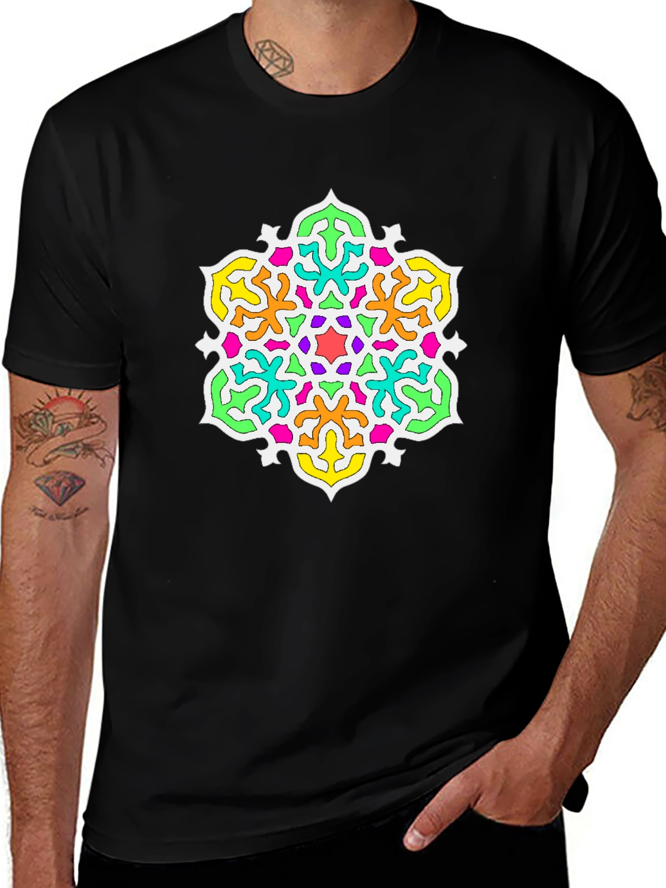 Vibrant Mandala Graphic Print Black T-Shirt