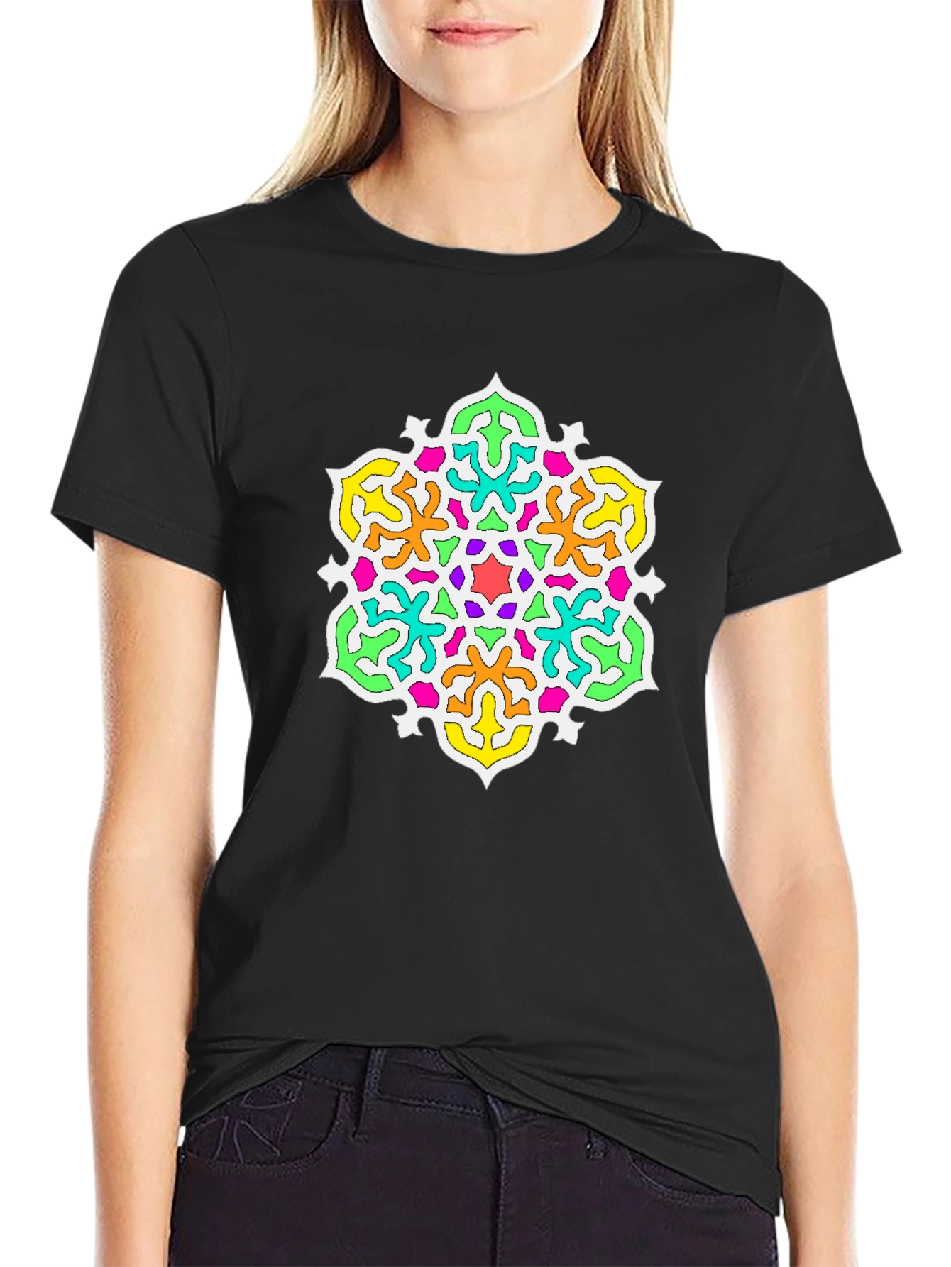 Vibrant Mandala Graphic Print Black T-Shirt