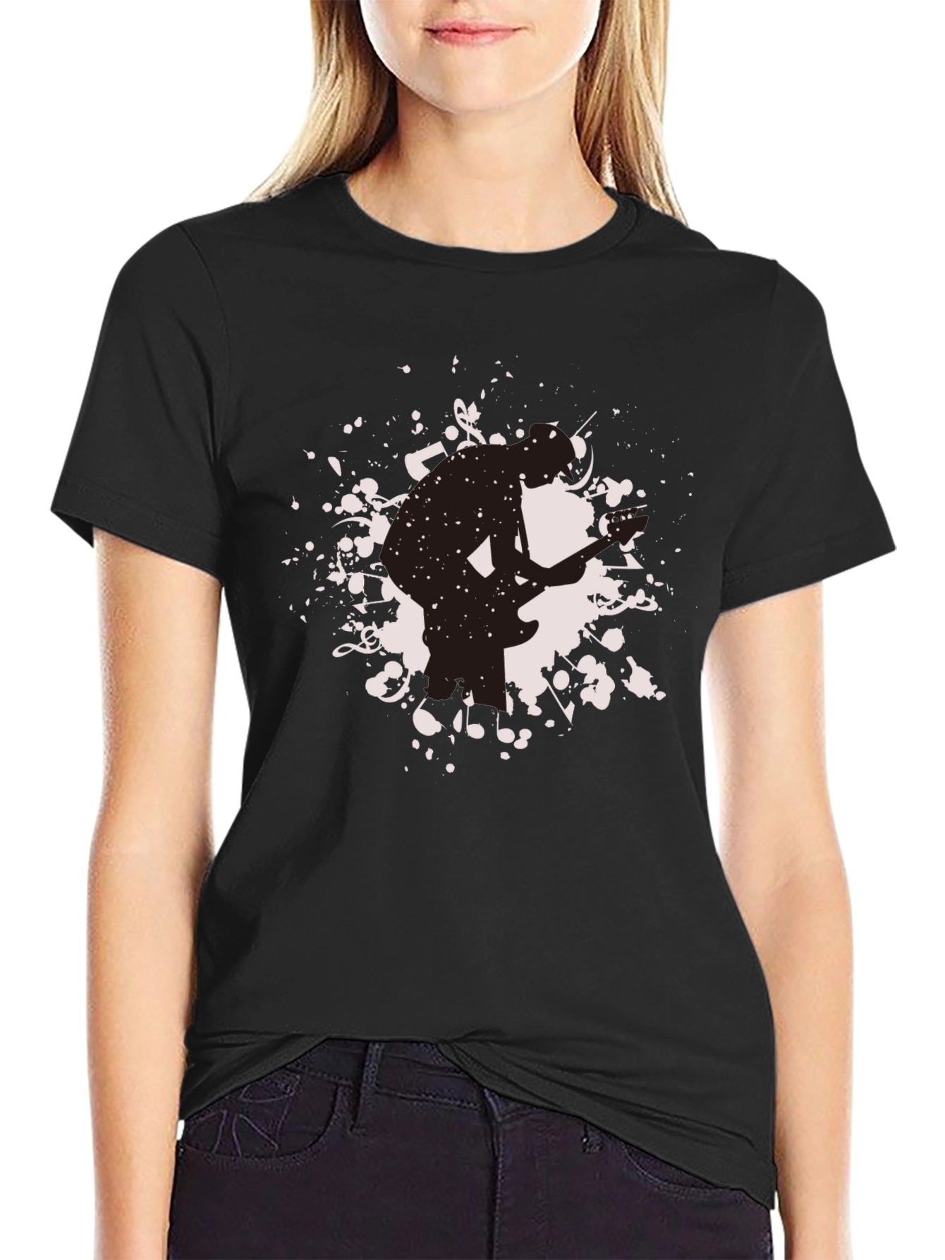 Mens Black Graphic T-Shirt - Guitarist Silhouette