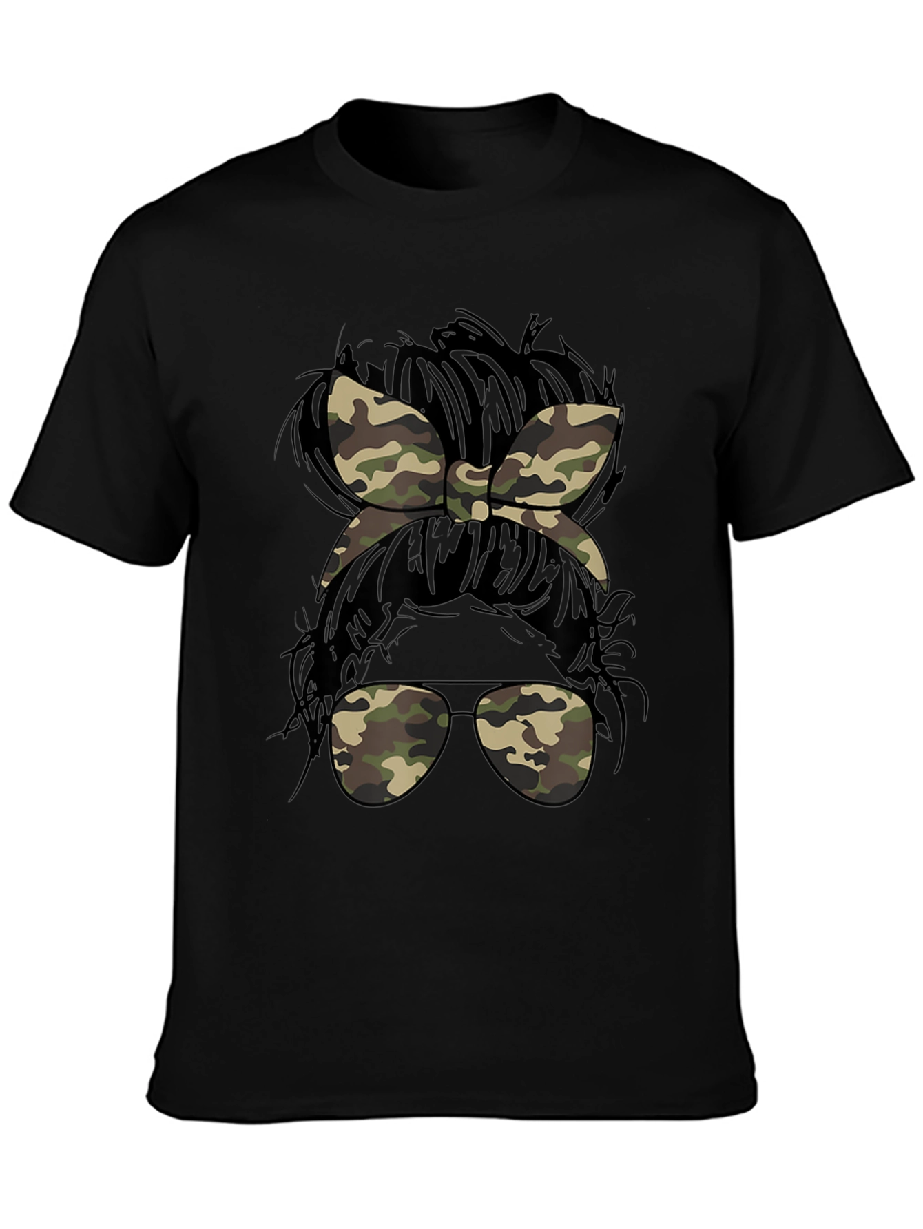Camo Messy Bun T-Shirt Casual Camouflage Tee