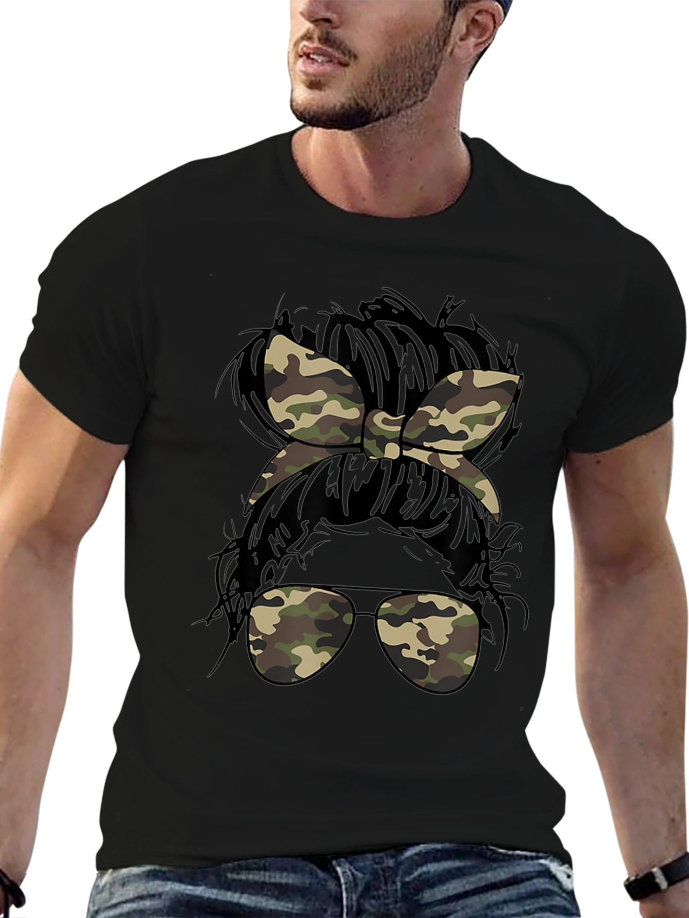 Camo Messy Bun T-Shirt Casual Camouflage Tee