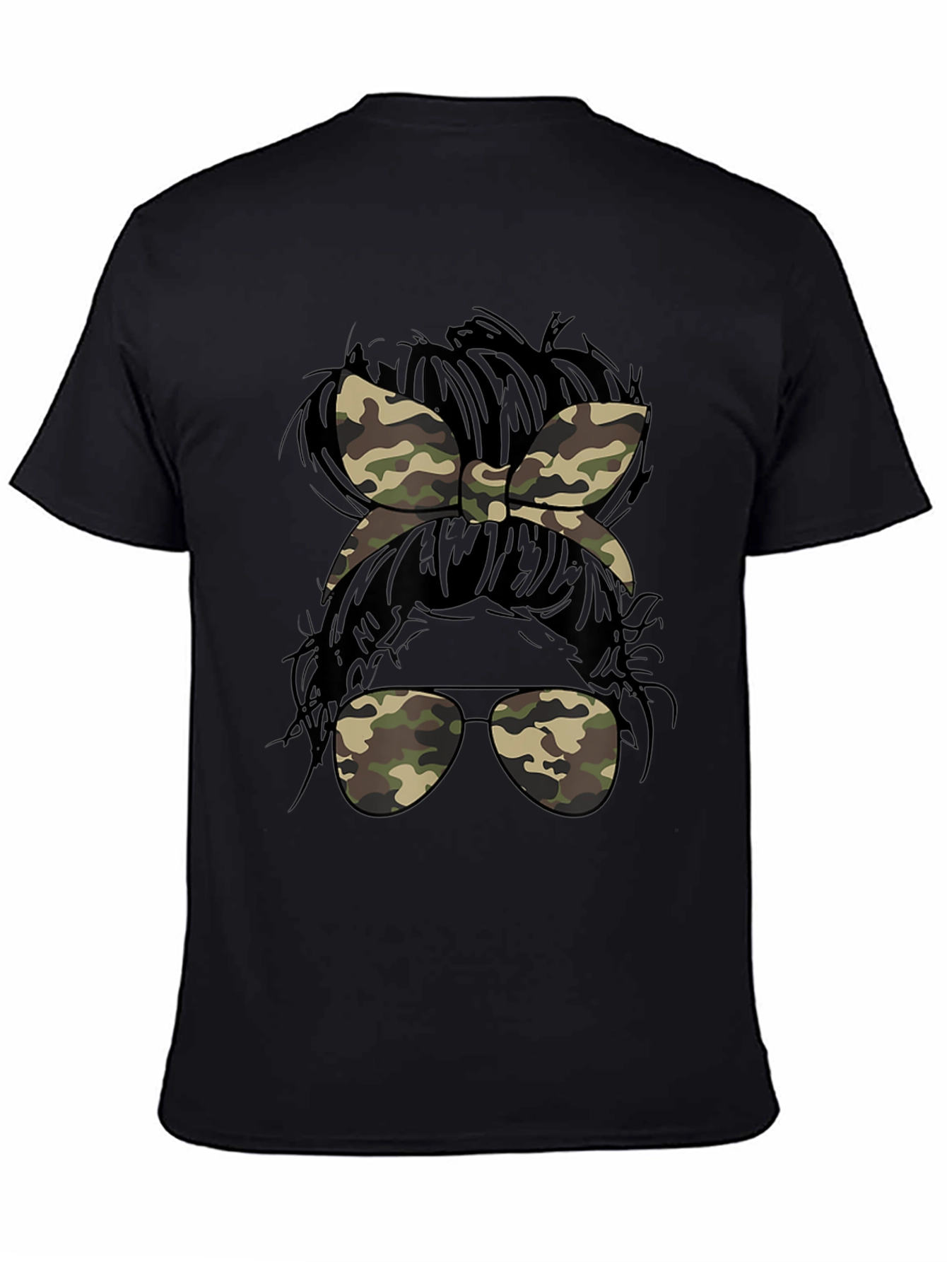 Camo Messy Bun T-Shirt Casual Camouflage Tee