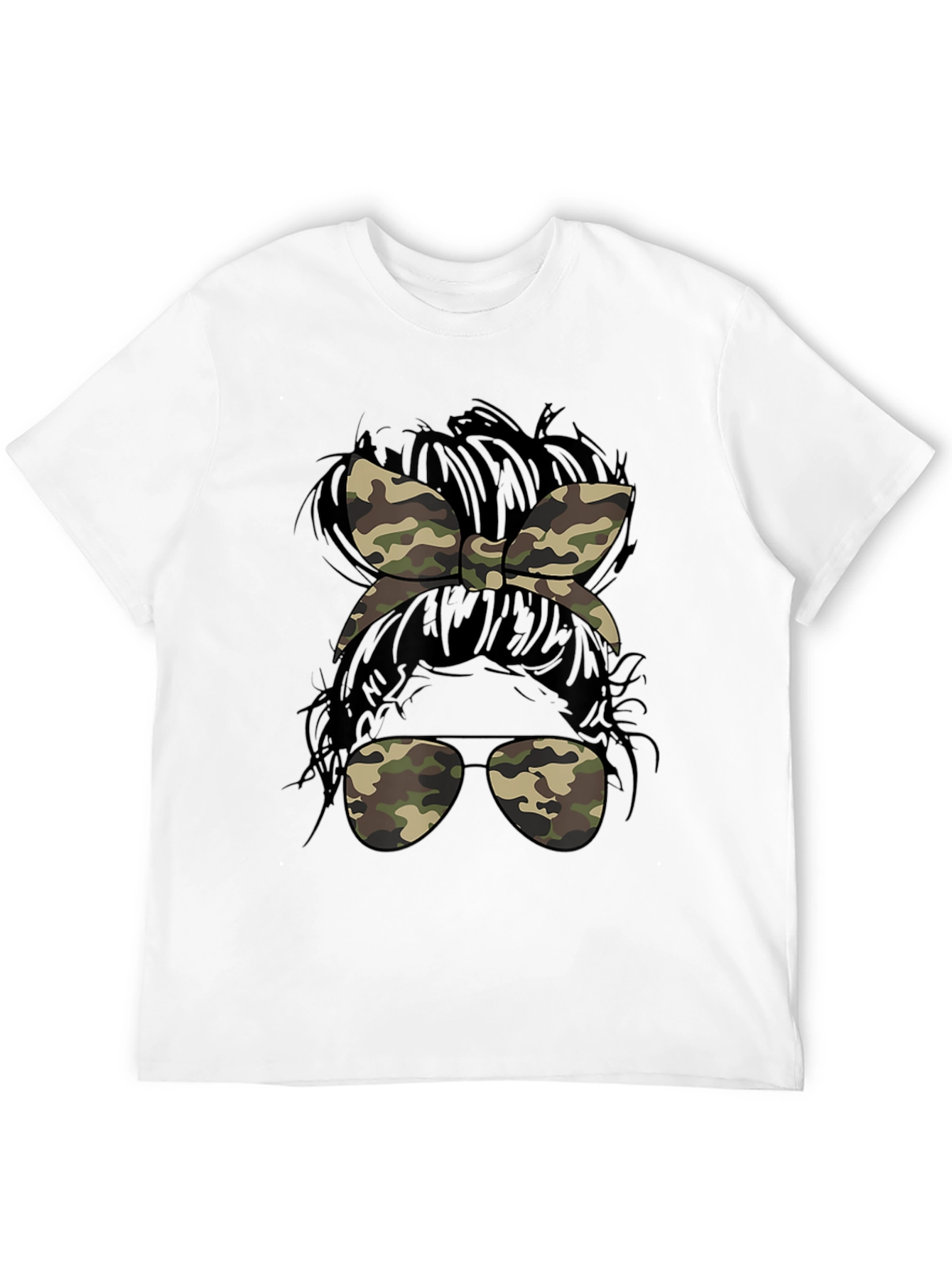 Camo Messy Bun T-Shirt Casual Camouflage Tee