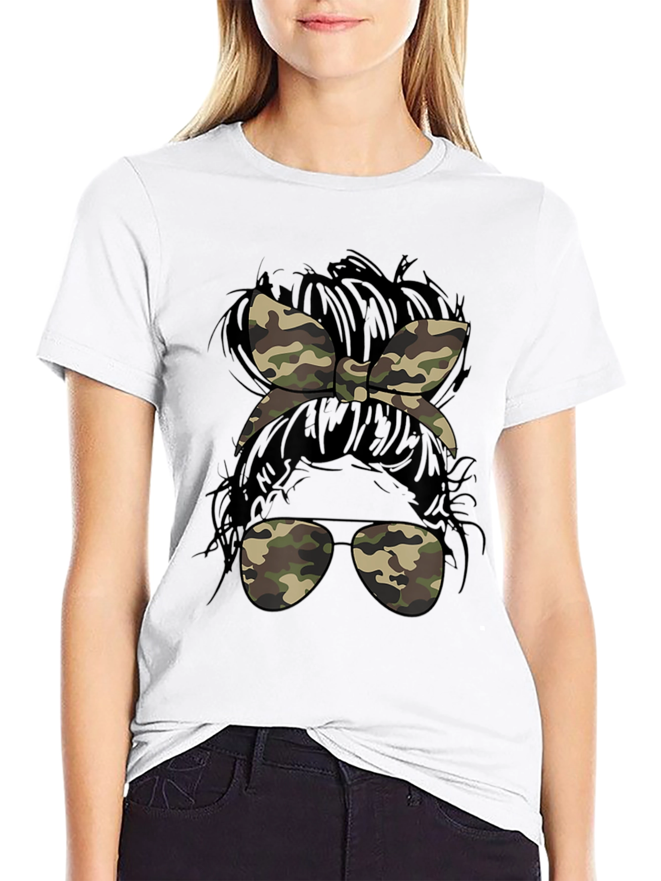 Camo Messy Bun T-Shirt Casual Camouflage Tee