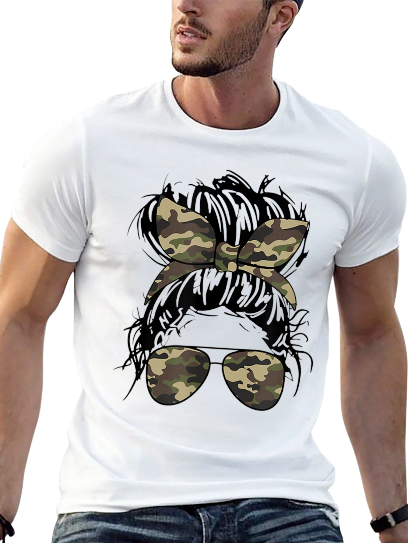 Camo Messy Bun T-Shirt Casual Camouflage Tee