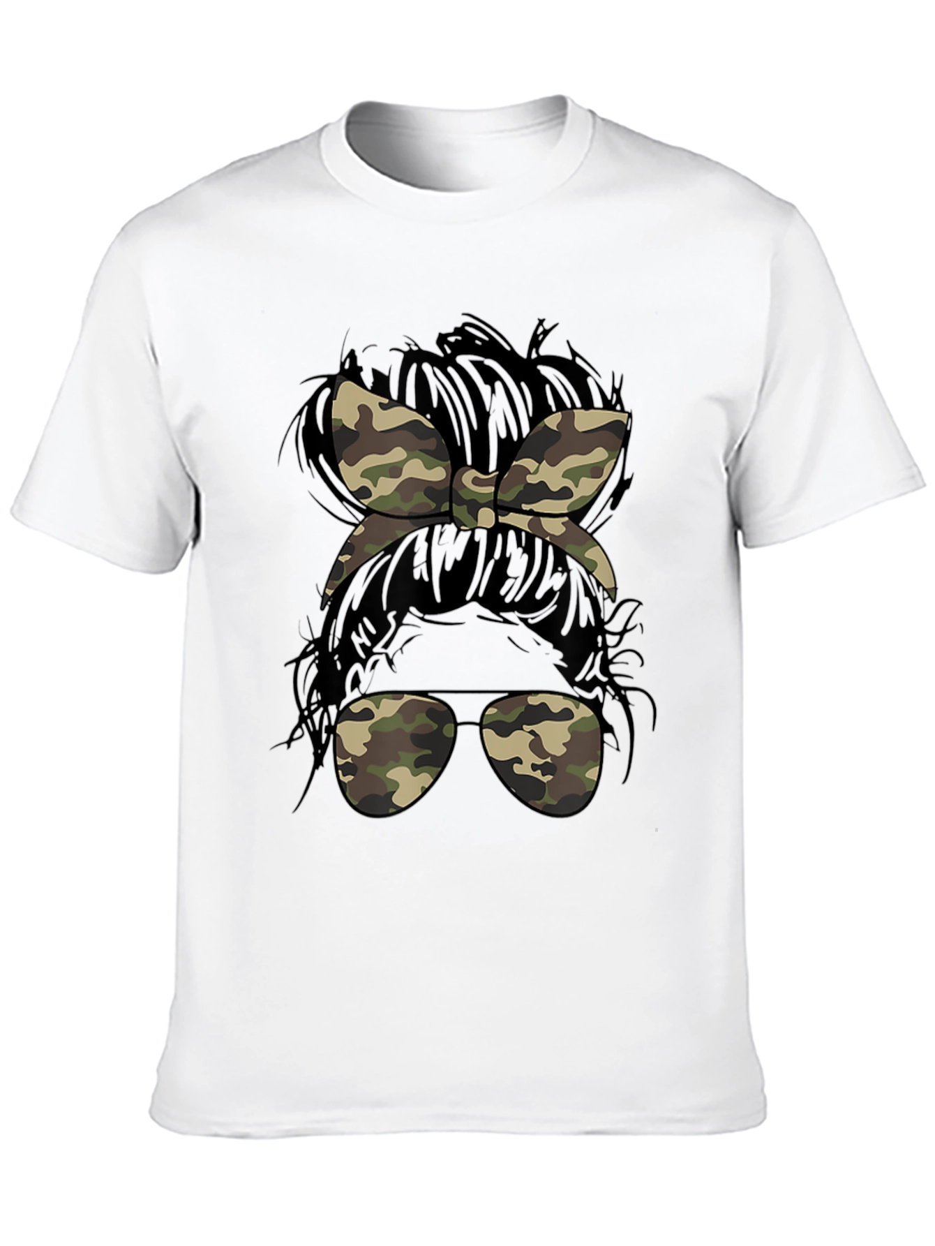 Camo Messy Bun T-Shirt Casual Camouflage Tee