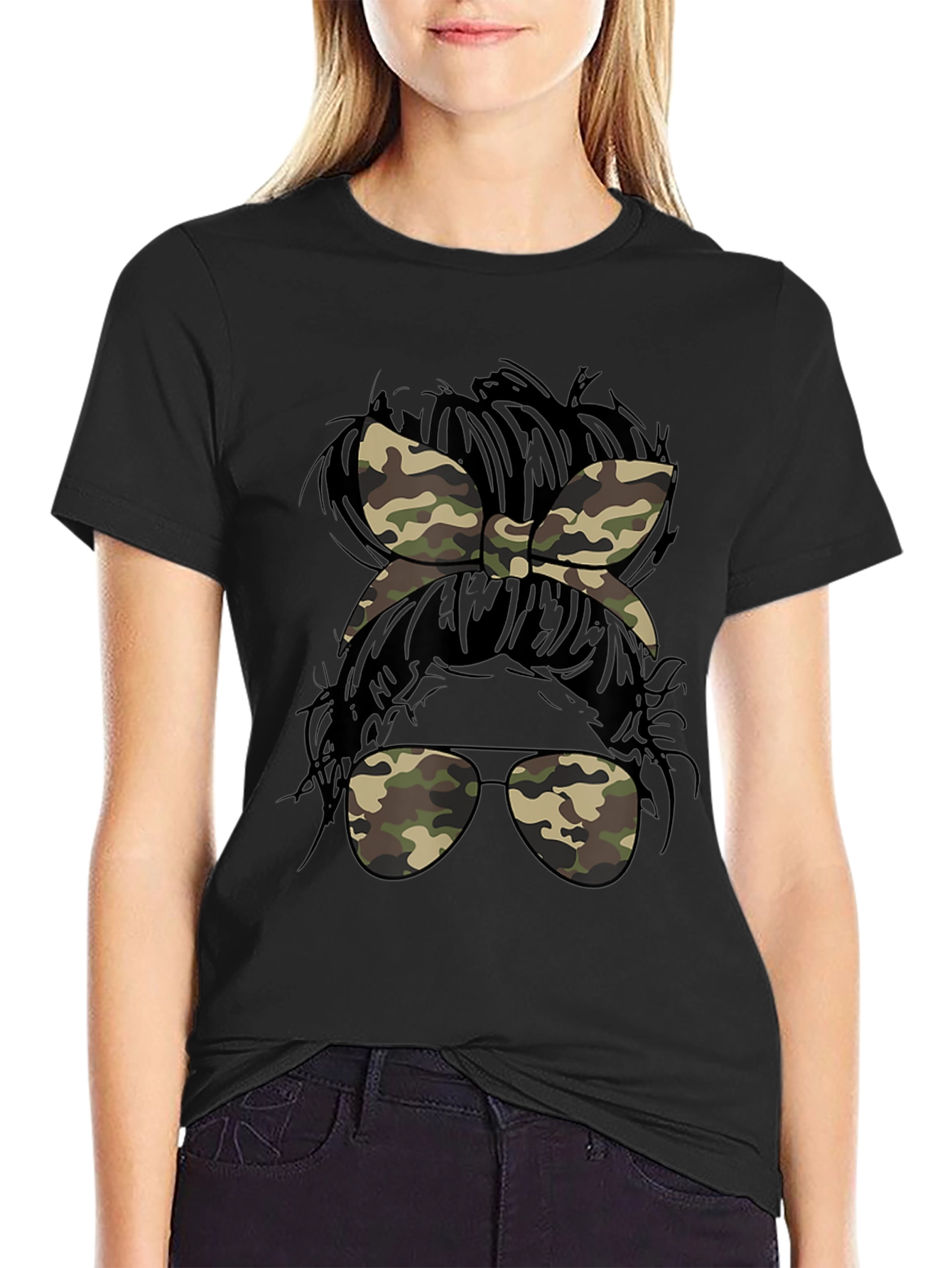 Camo Messy Bun T-Shirt Casual Camouflage Tee