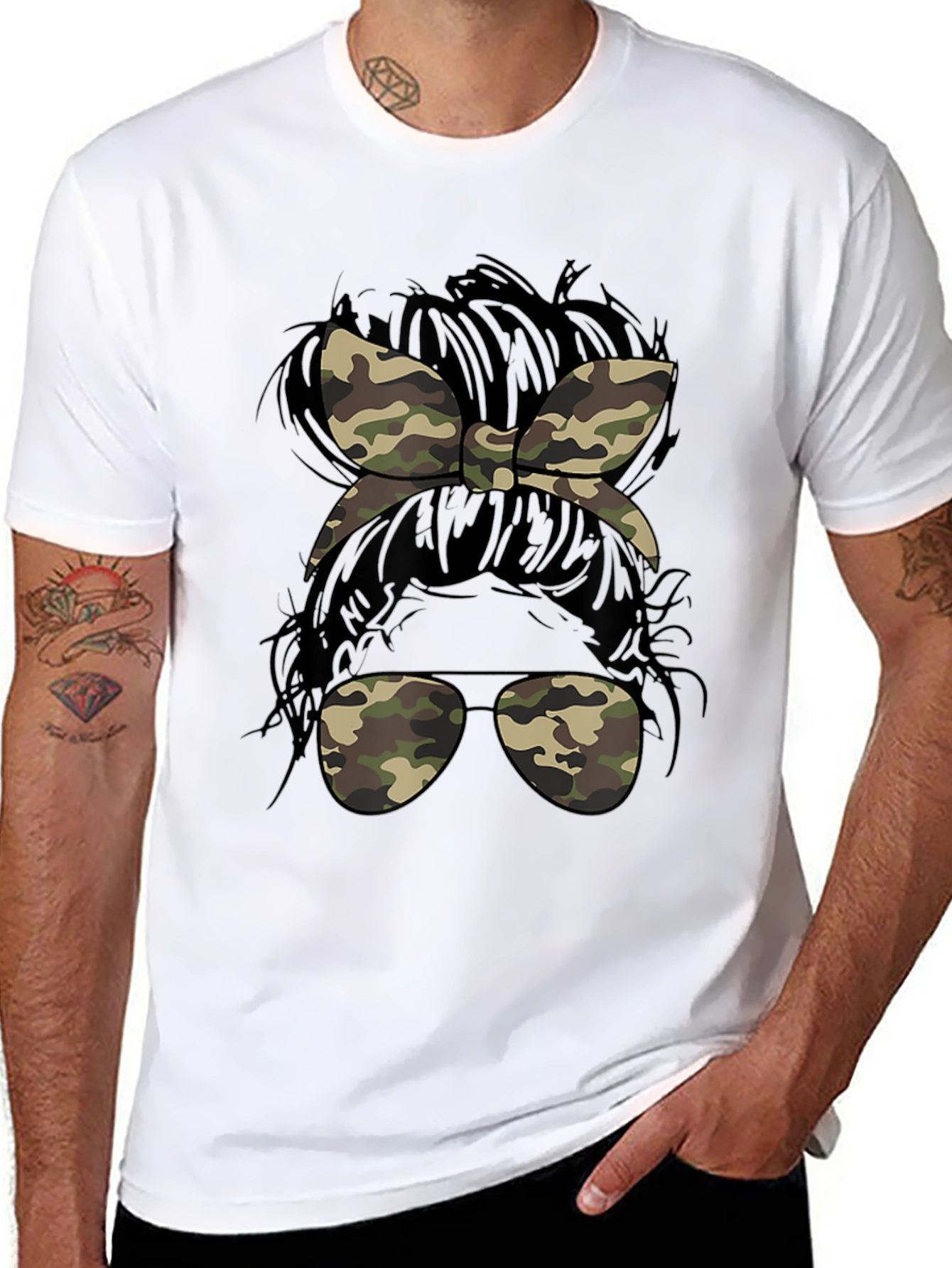 Camo Messy Bun T-Shirt Casual Camouflage Tee