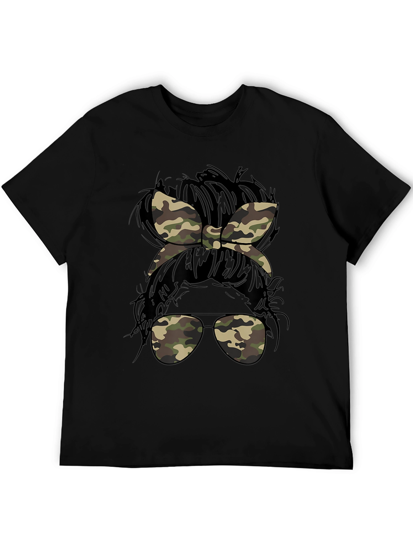 Camo Messy Bun T-Shirt Casual Camouflage Tee