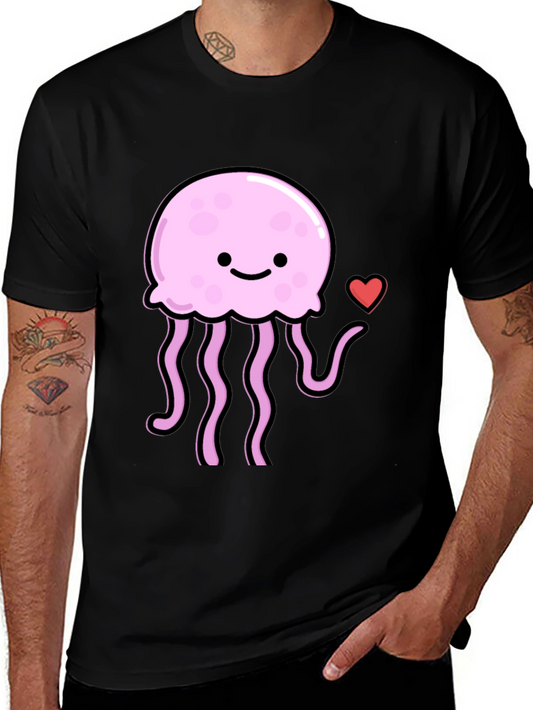 Cute Jellyfish Heart Graphic Black T-Shirt