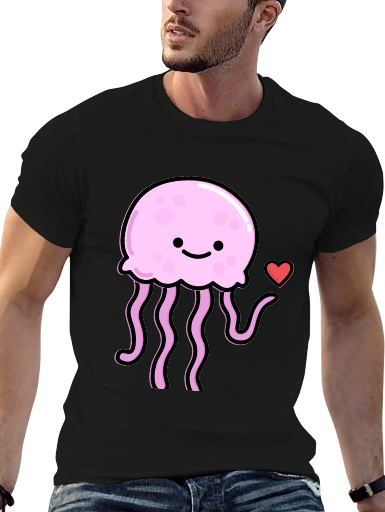 Cute Jellyfish Heart Graphic Black T-Shirt