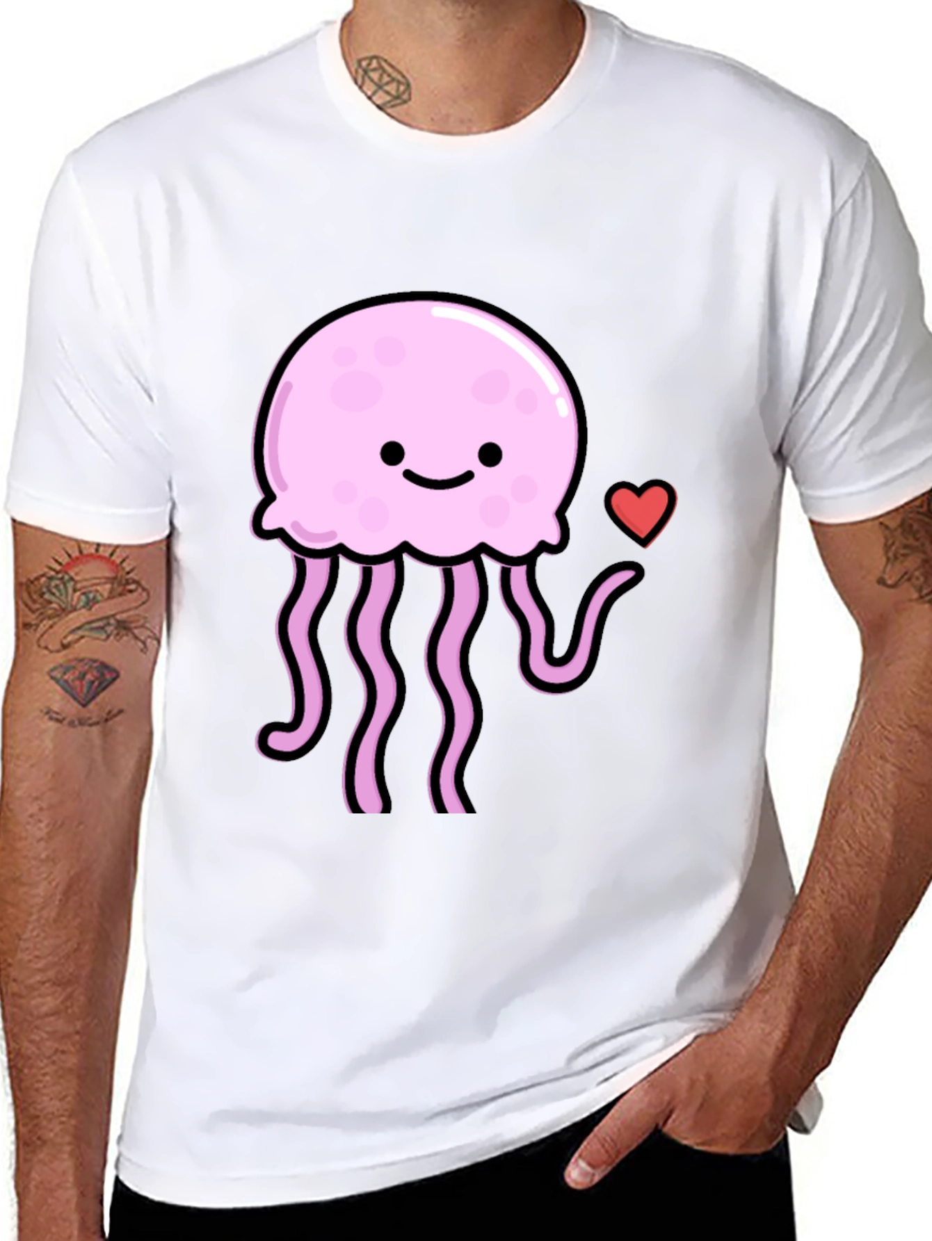Cute Jellyfish Heart Graphic Black T-Shirt