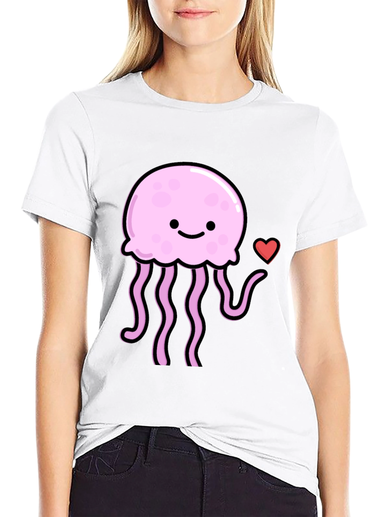 Cute Jellyfish Heart Graphic Black T-Shirt