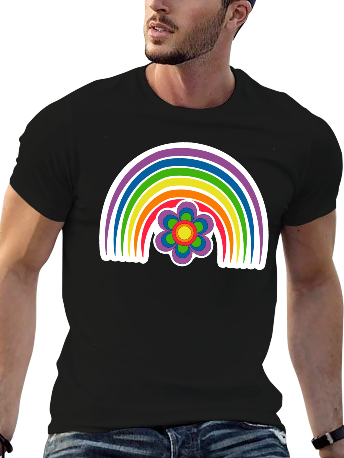 Retro Rainbow Flower Graphic Tee - Black