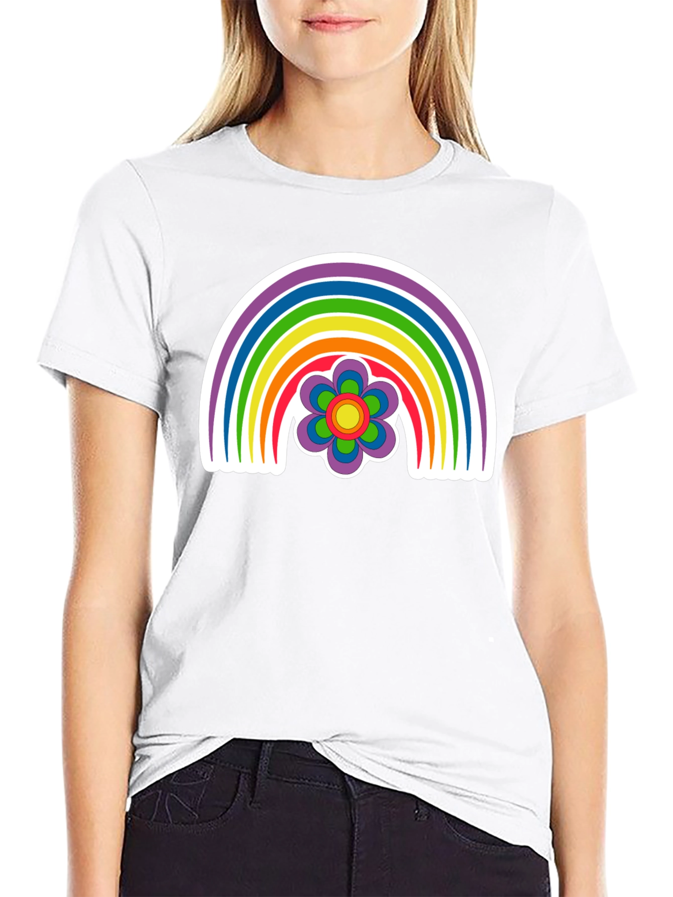 Retro Rainbow Flower Graphic Tee - Black