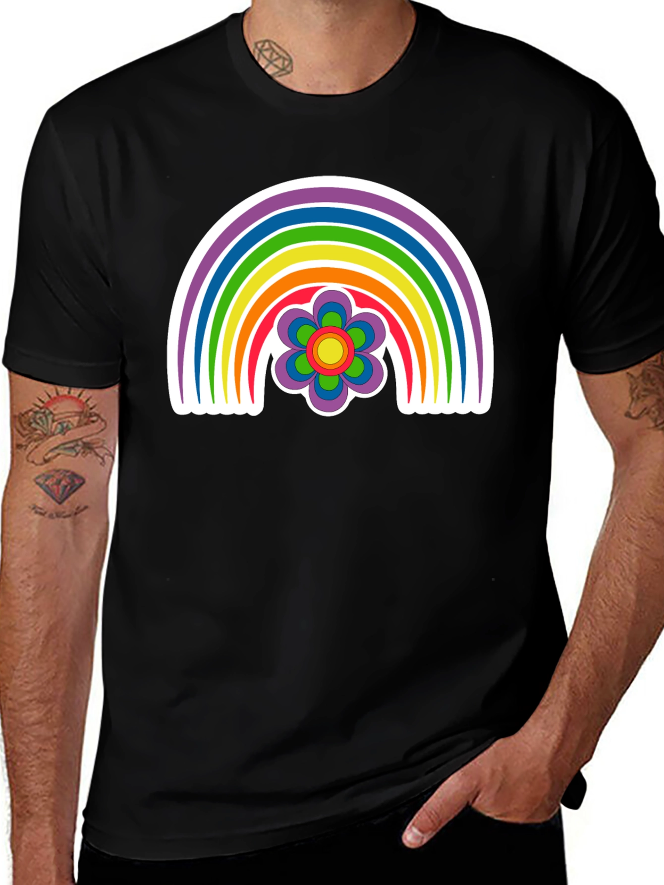 Retro Rainbow Flower Graphic Tee - Black