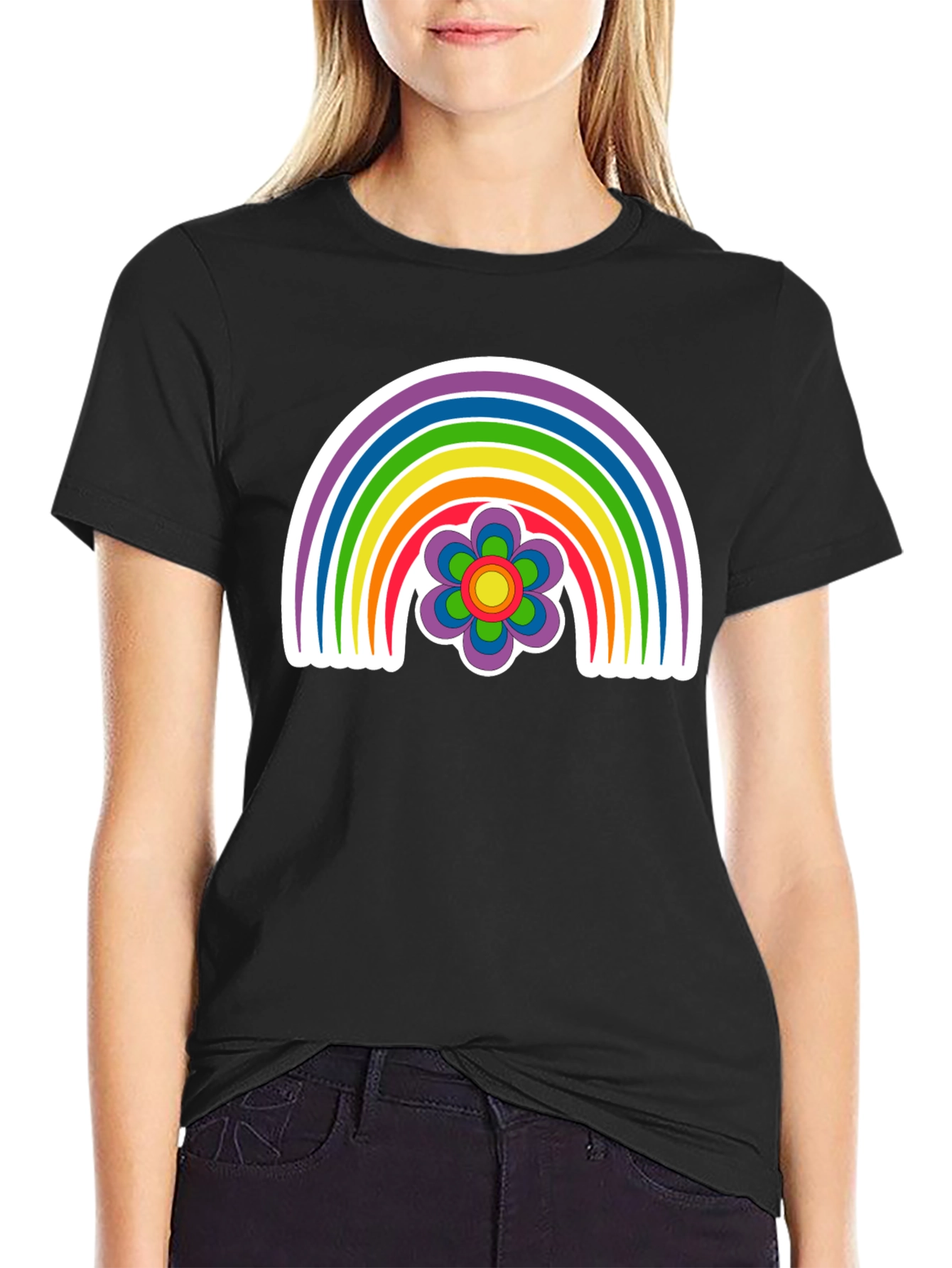 Retro Rainbow Flower Graphic Tee - Black
