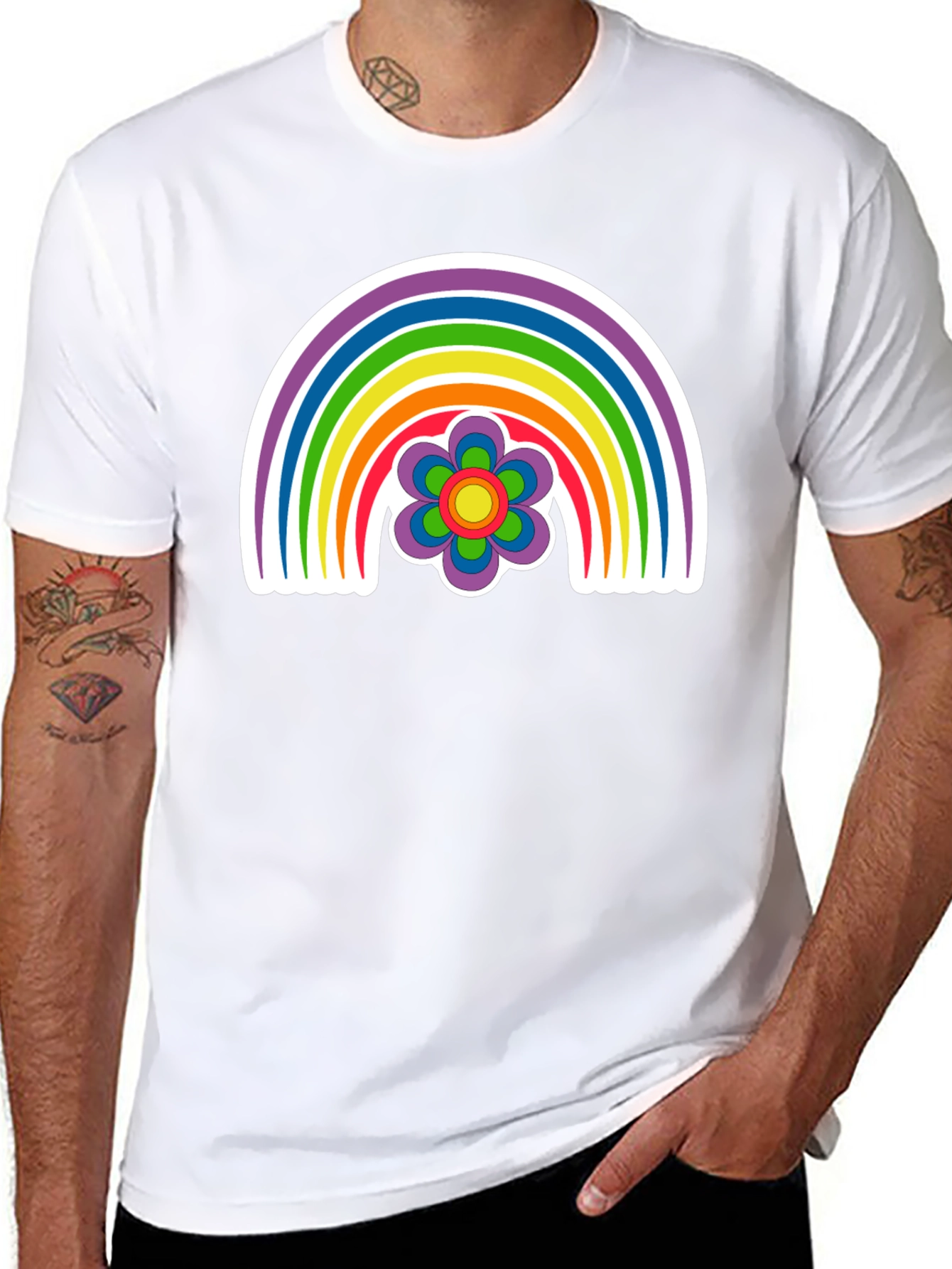 Retro Rainbow Flower Graphic Tee - Black
