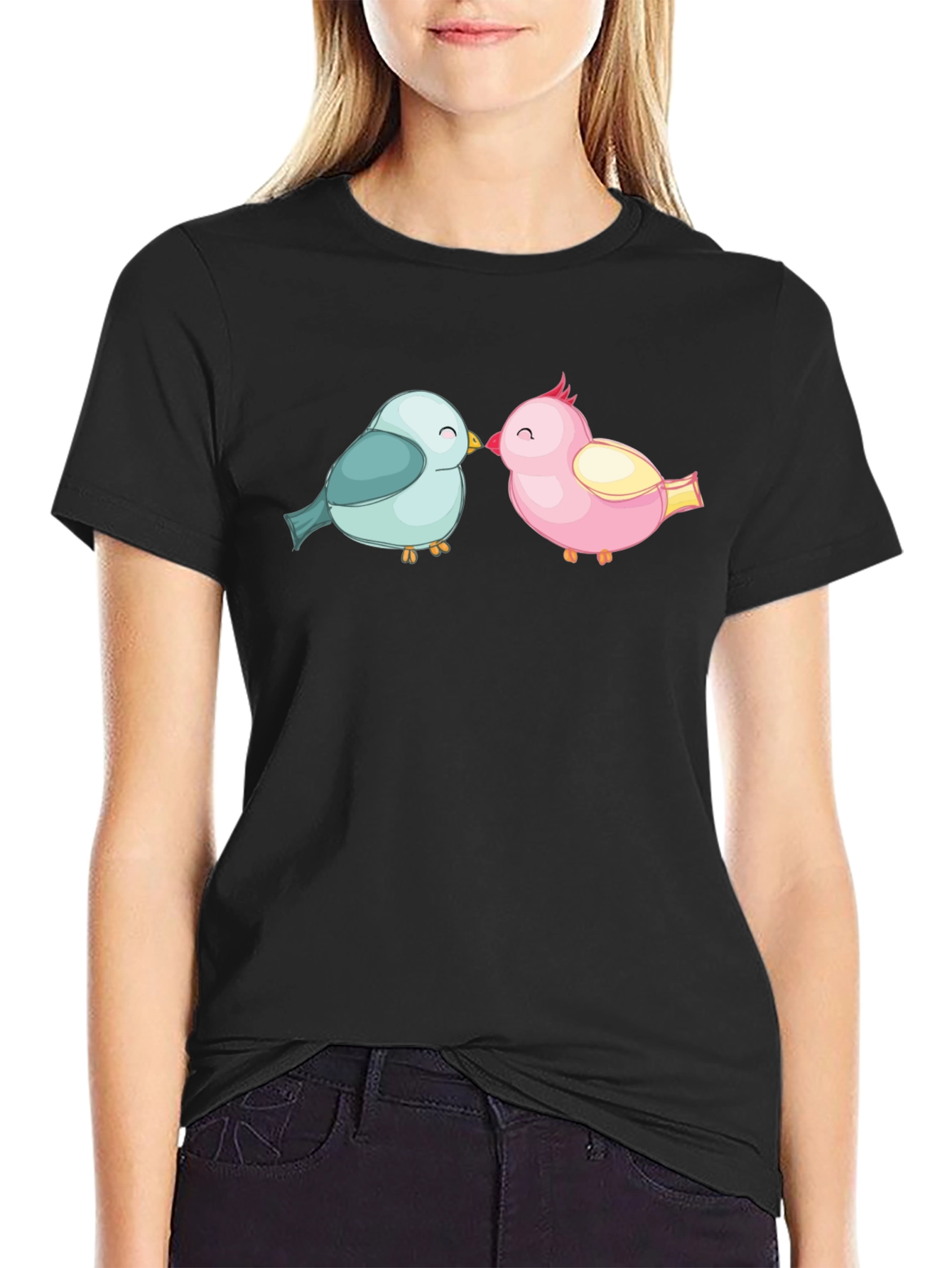 Cute Birds Kissing Black T-Shirt