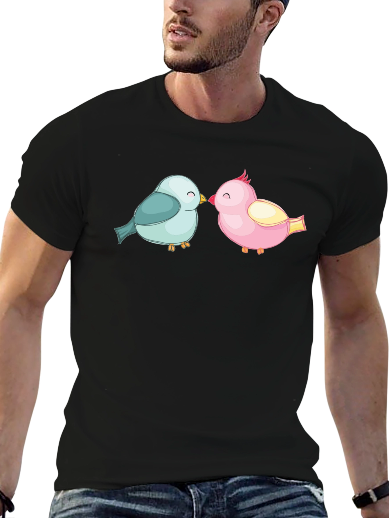 Cute Birds Kissing Black T-Shirt