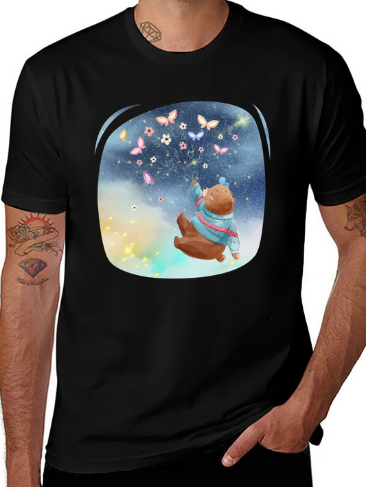 Bear Butterfly Graphic Black T-Shirt
