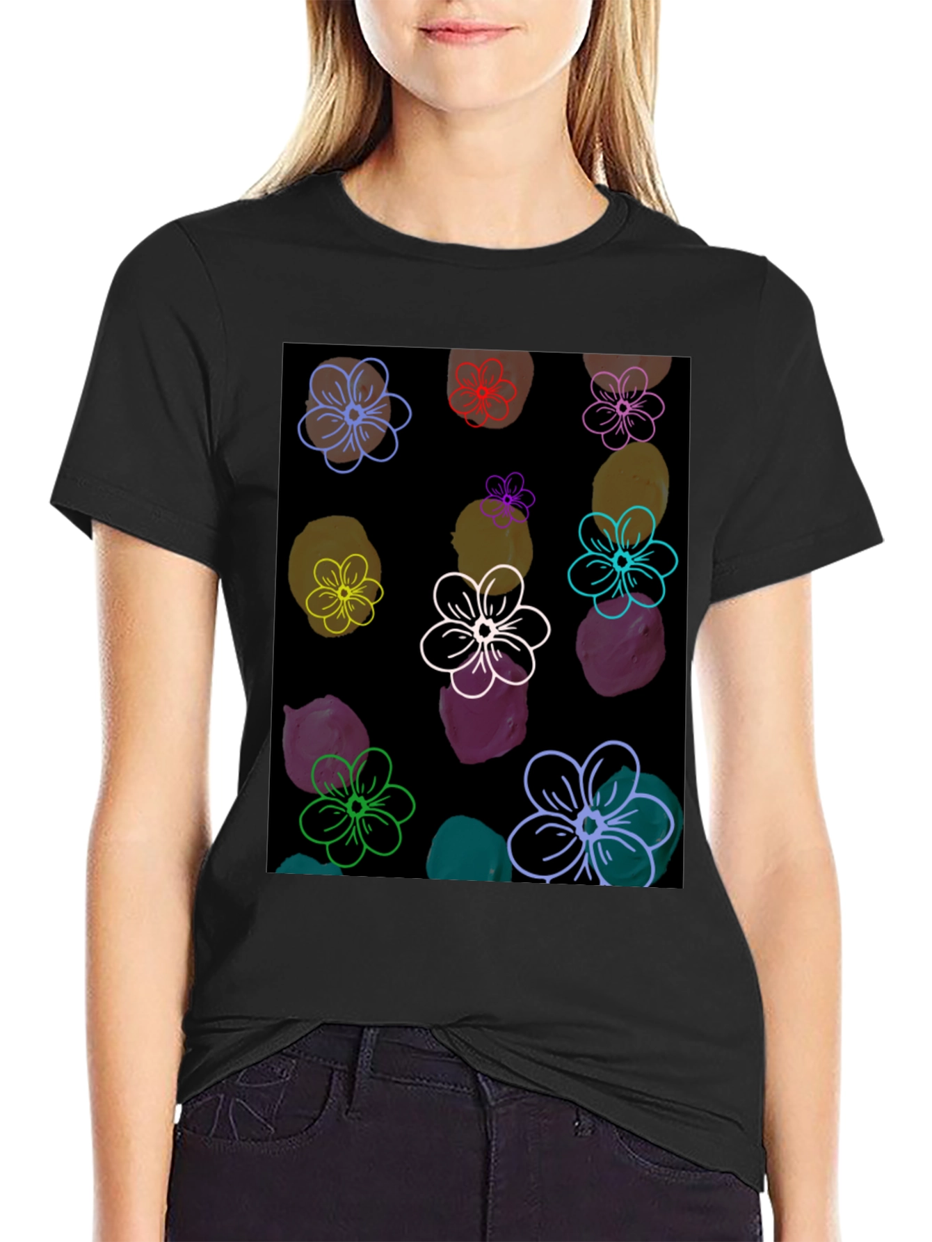 Floral Pattern Black T-Shirt