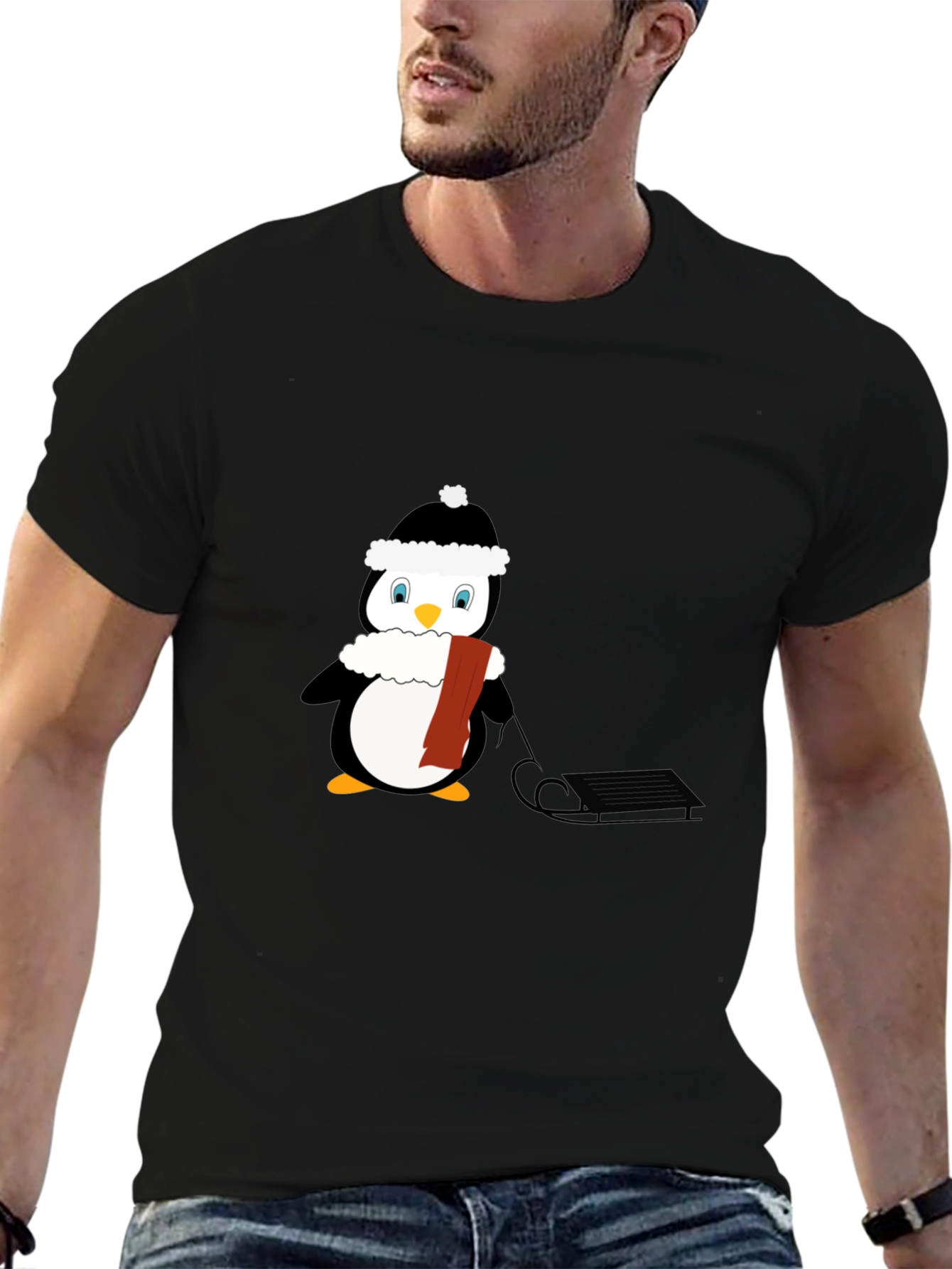 Penguin Sledding Graphic T-Shirt - Winter Fun!