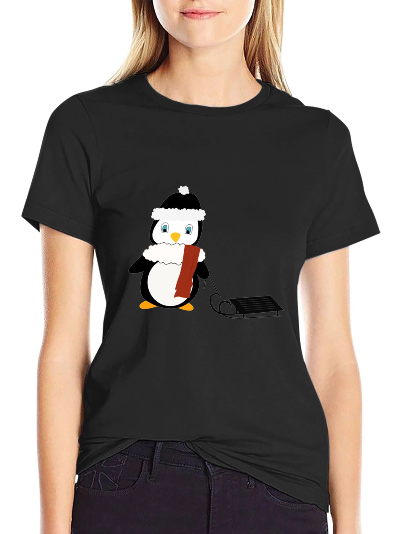 Penguin Sledding Graphic T-Shirt - Winter Fun!