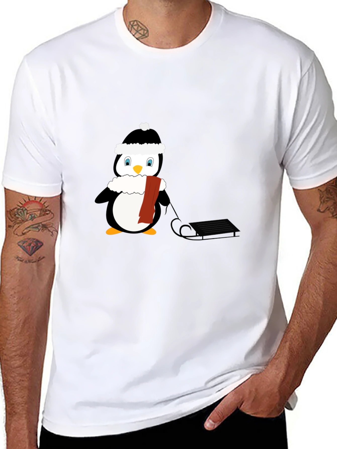 Penguin Sledding Graphic T-Shirt - Winter Fun!