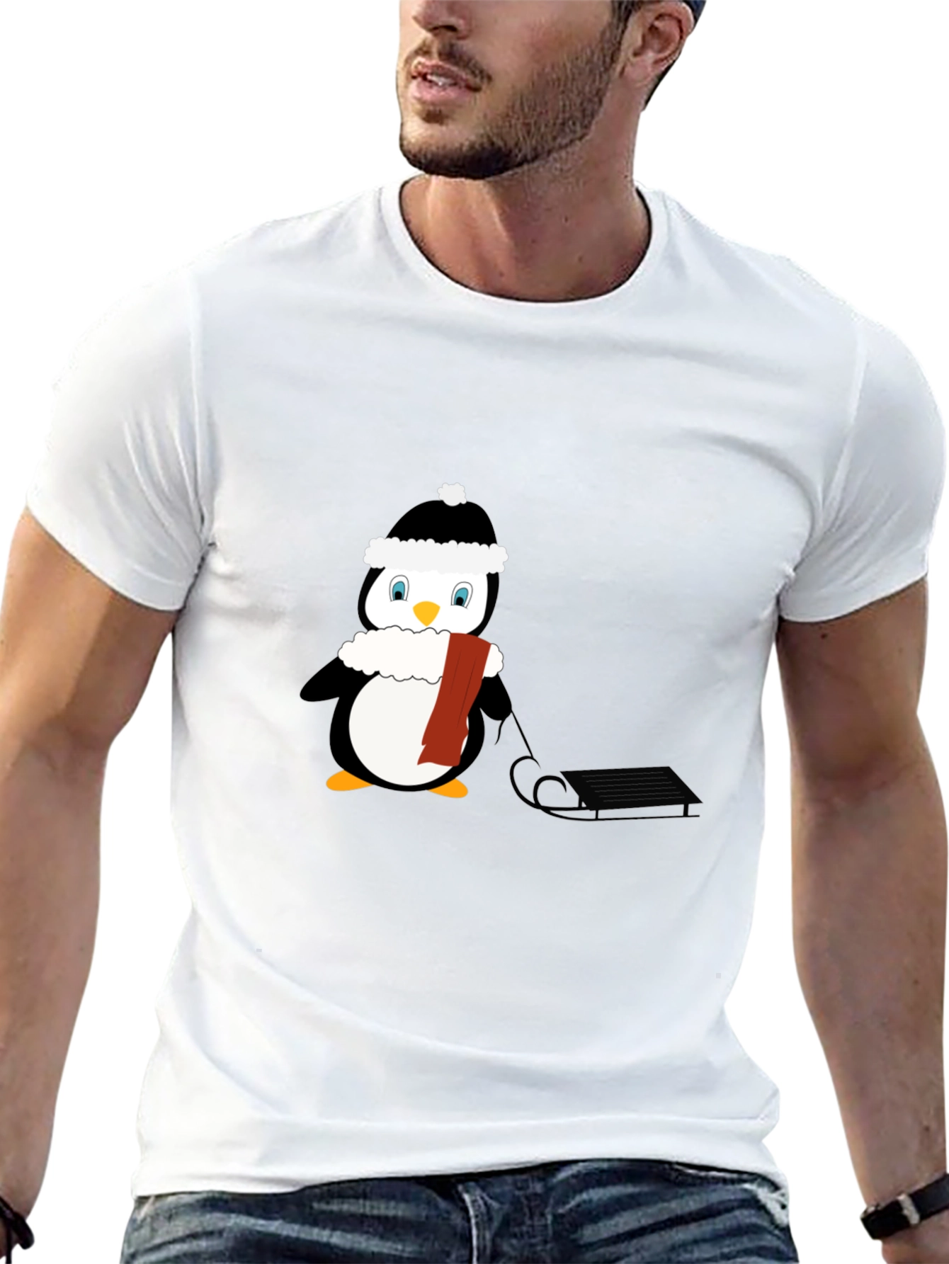 Penguin Sledding Graphic T-Shirt - Winter Fun!