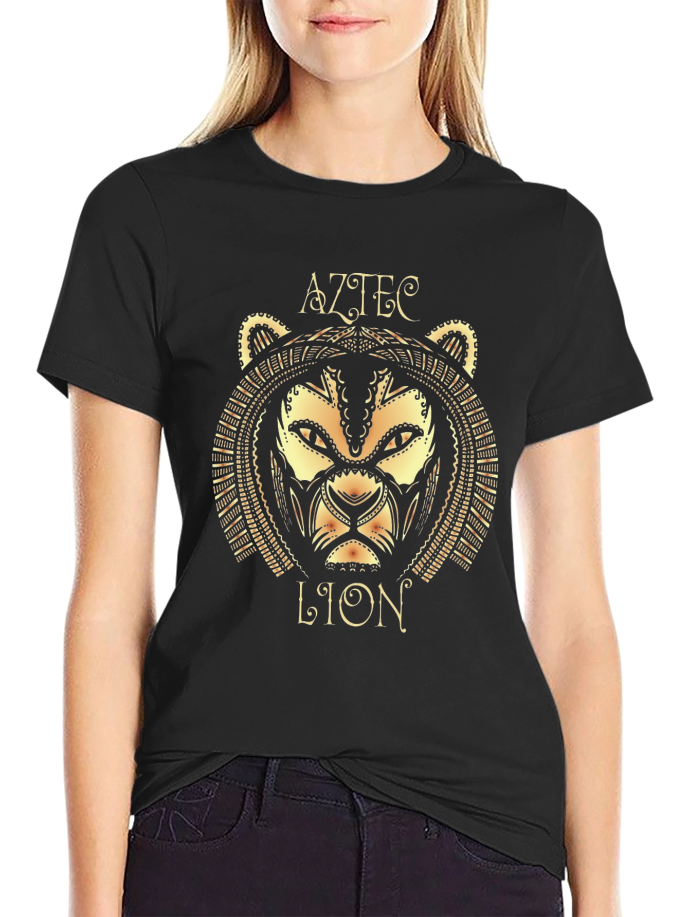 Aztec Lion Graphic Tee - Stylish Black Cotton T-Shirt