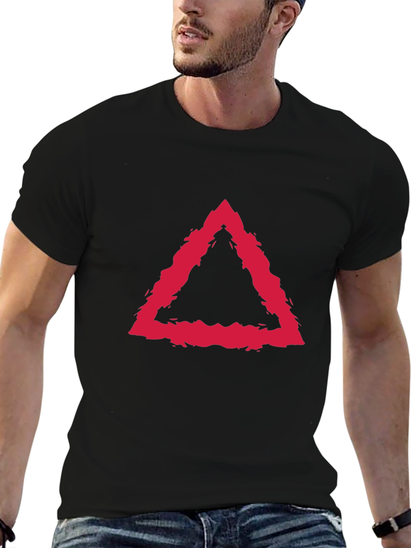 Modern Red Triangle Graphic Black T-Shirt