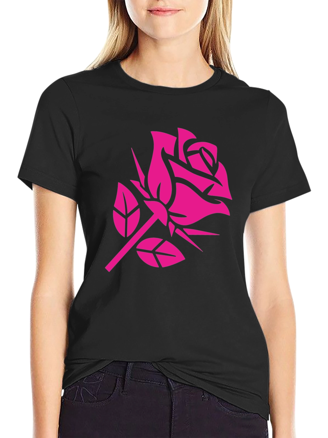 Pink Rose Graphic Black T-Shirt
