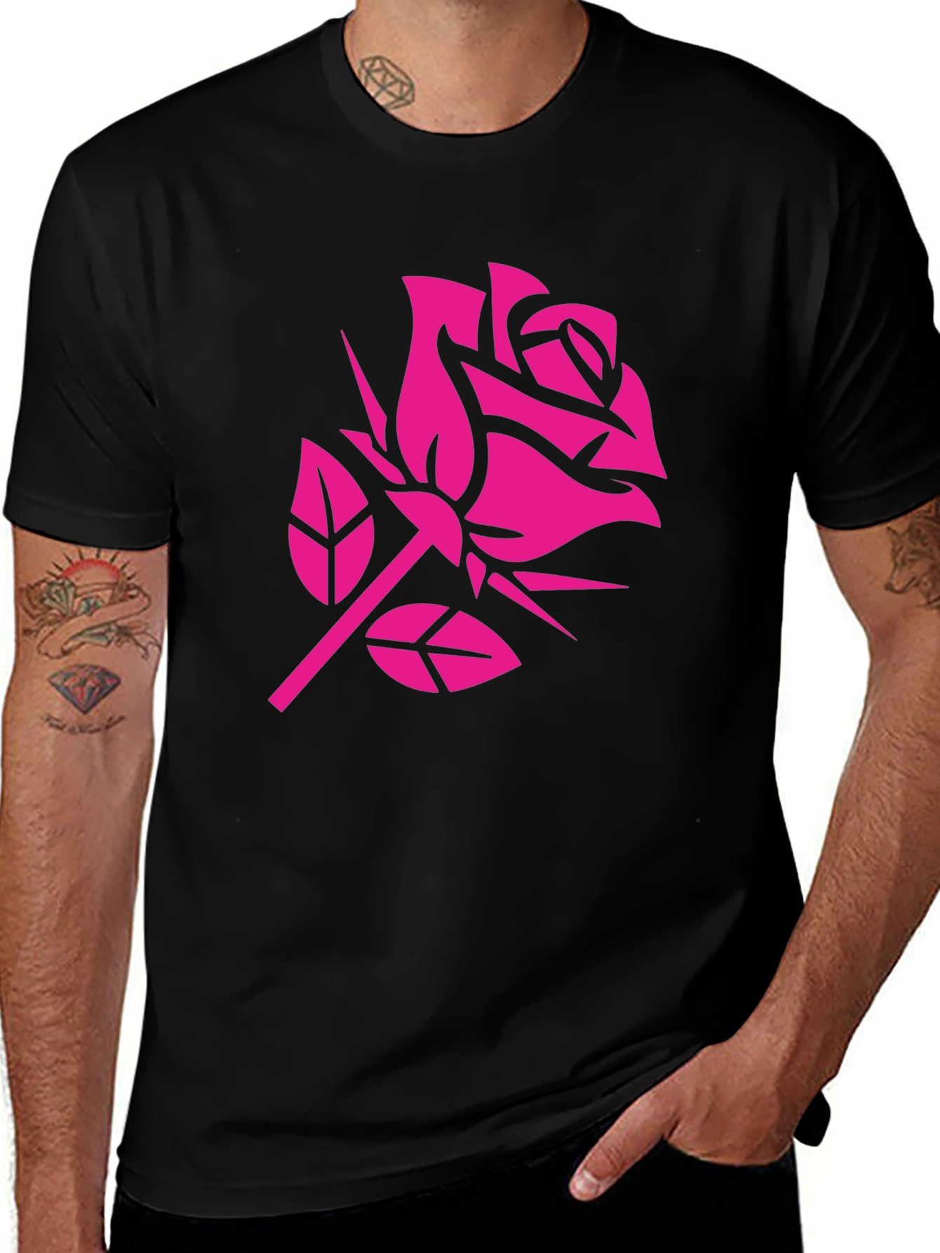 Pink Rose Graphic Black T-Shirt