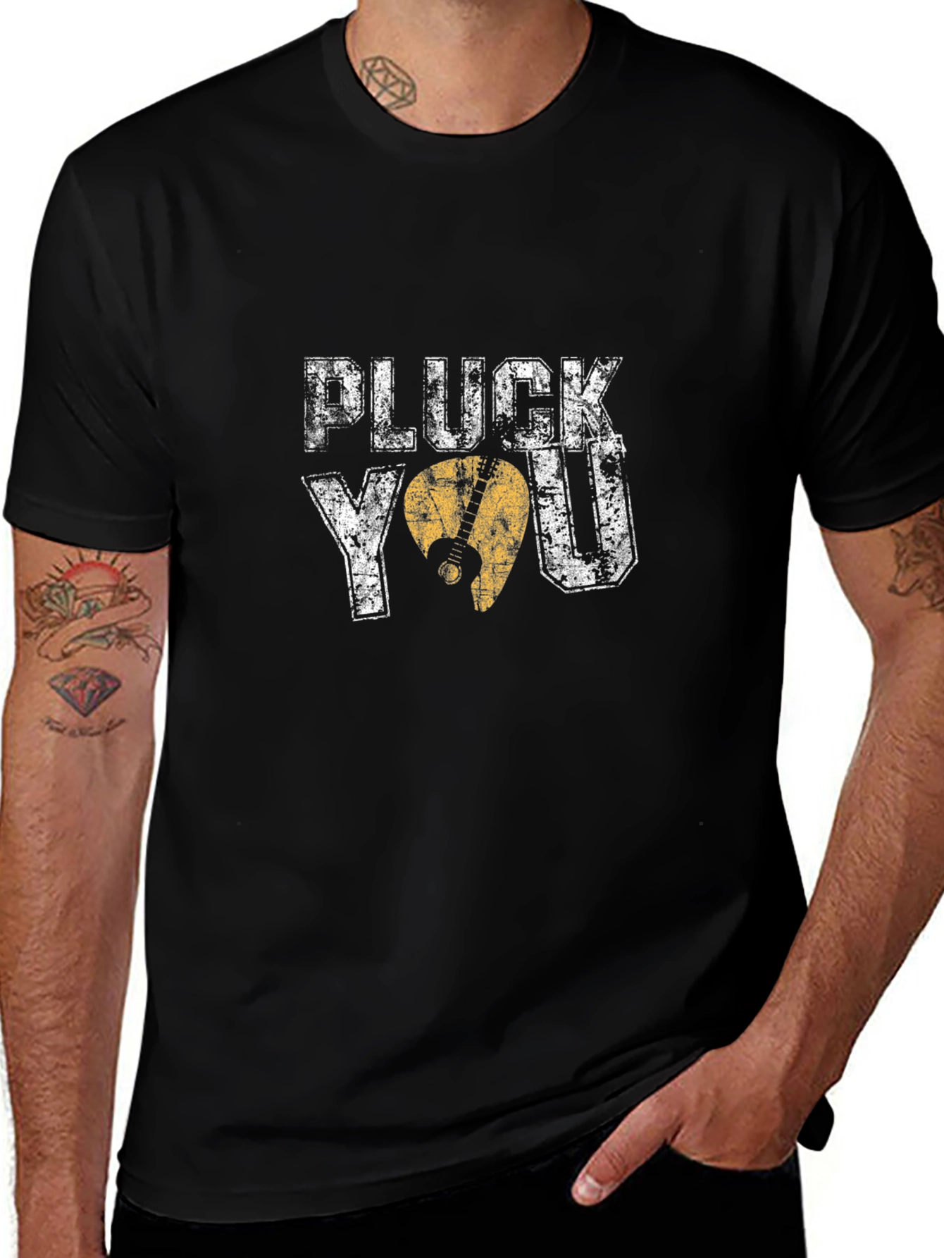 Pluck You Guitar Pick Black Graphic T-Shirt
