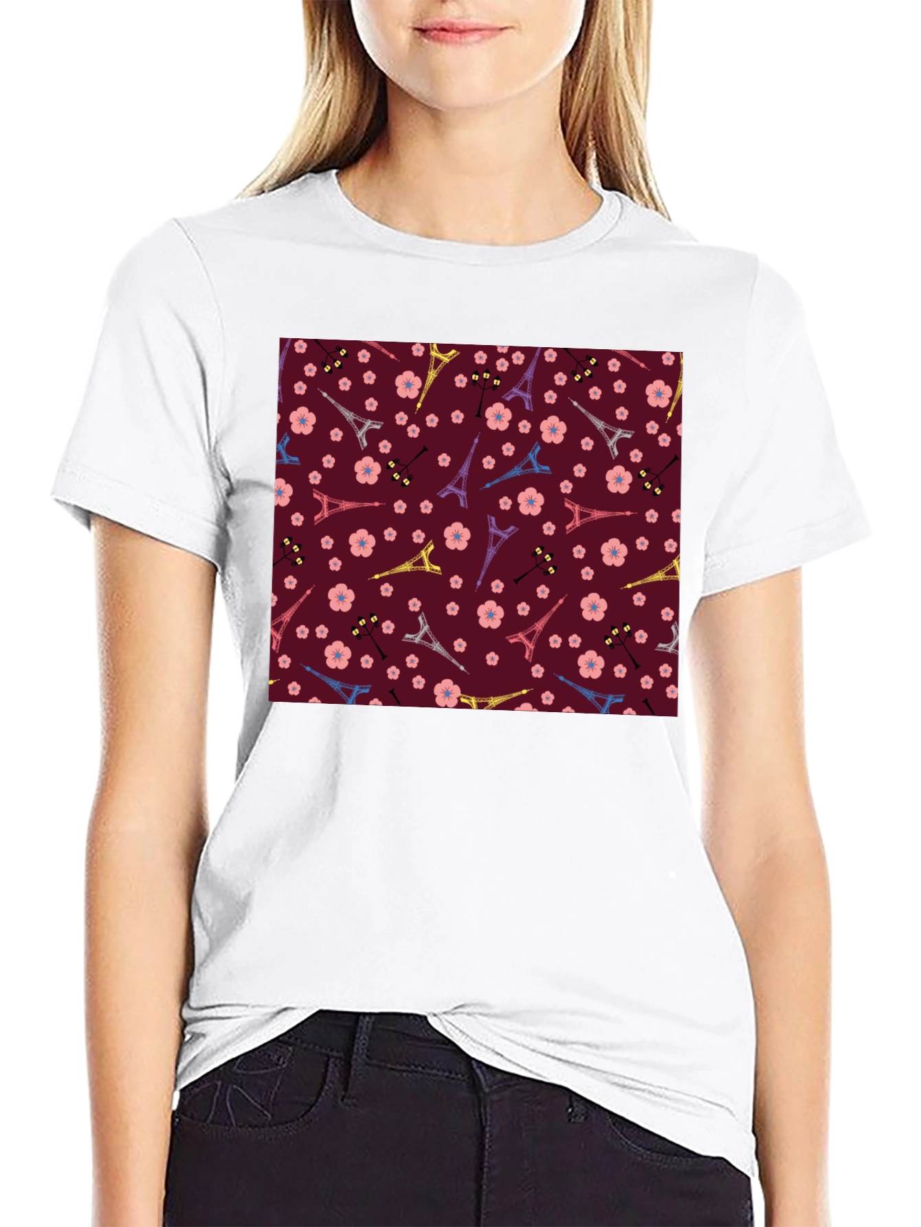 Paris Eiffel Tower Blossom Pattern T-Shirt