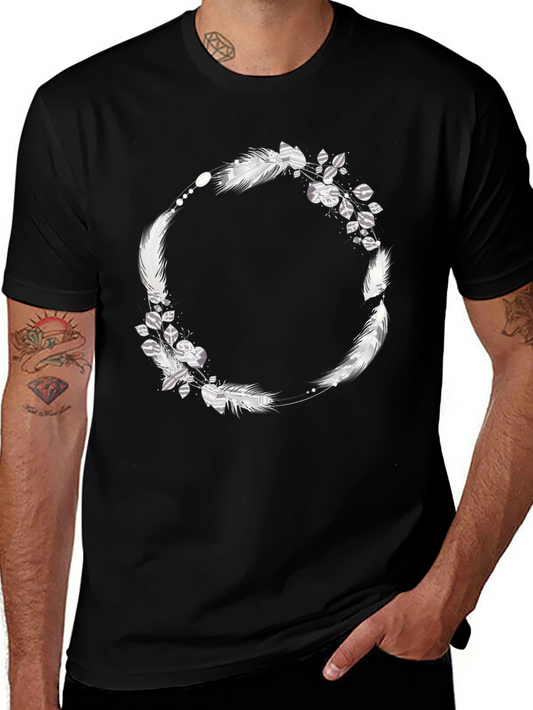 Black Tee with Feather & Leaf Wreath Design