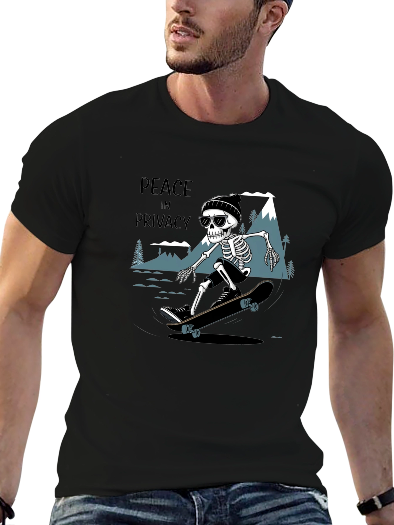 Peace in Privacy Skeleton Skateboarder Black T-Shirt